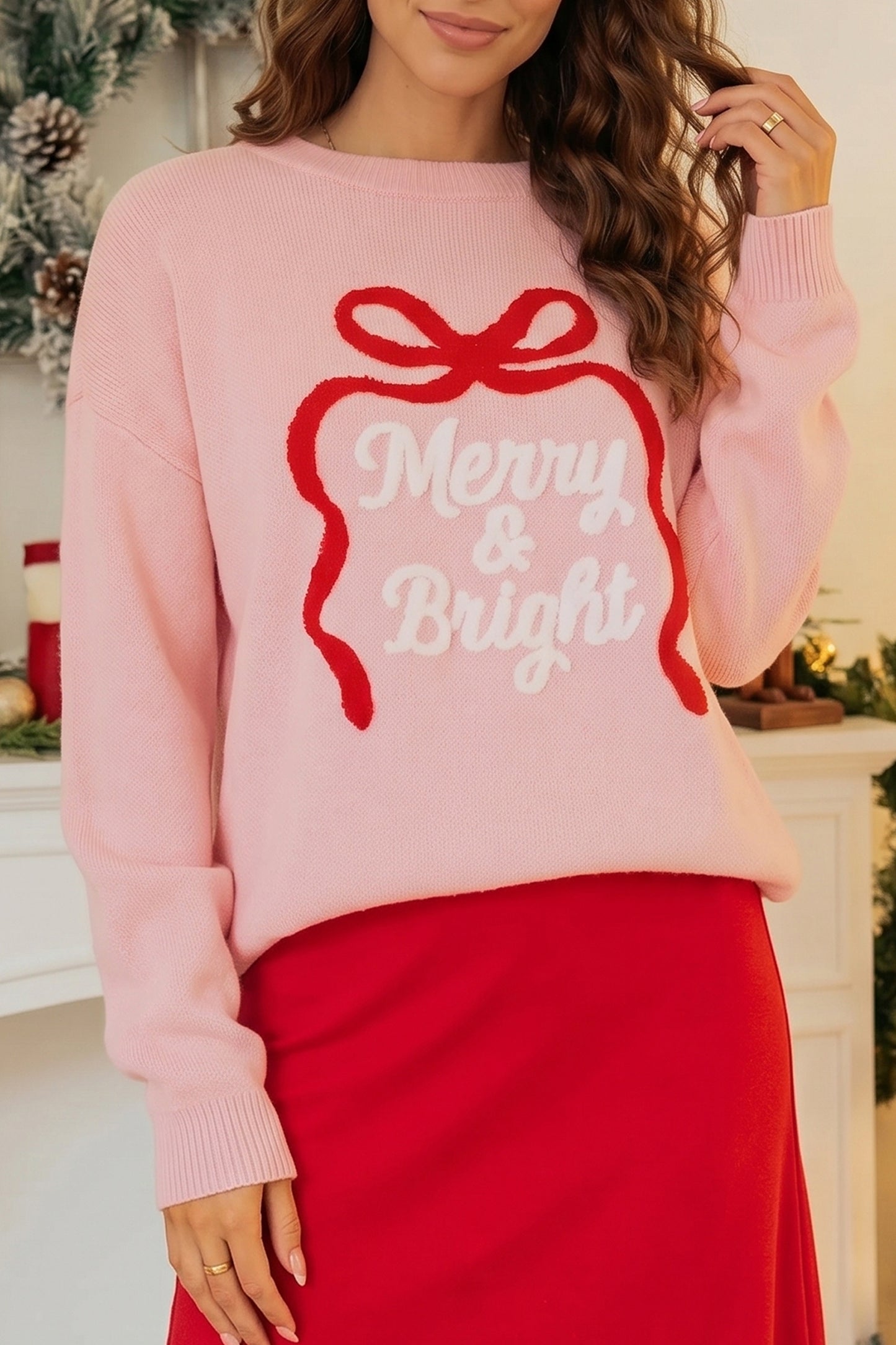 Gossamer Pink Drop Shoulder Round Neck Towel Embroidery Slogan Pullover Sweater