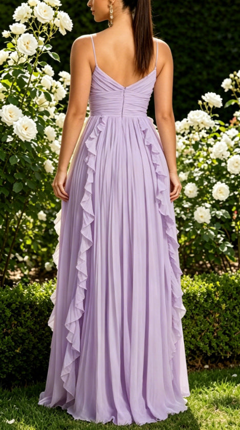 backless pleated chiffon long dress with ruffles