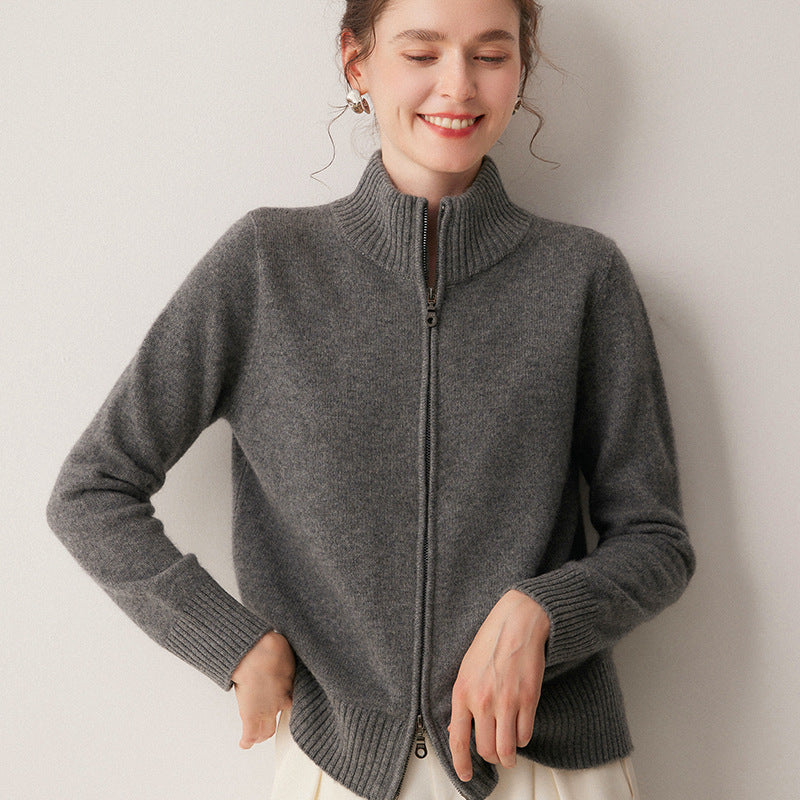 100% cashmere women's high-neck zipper knitted cardigan