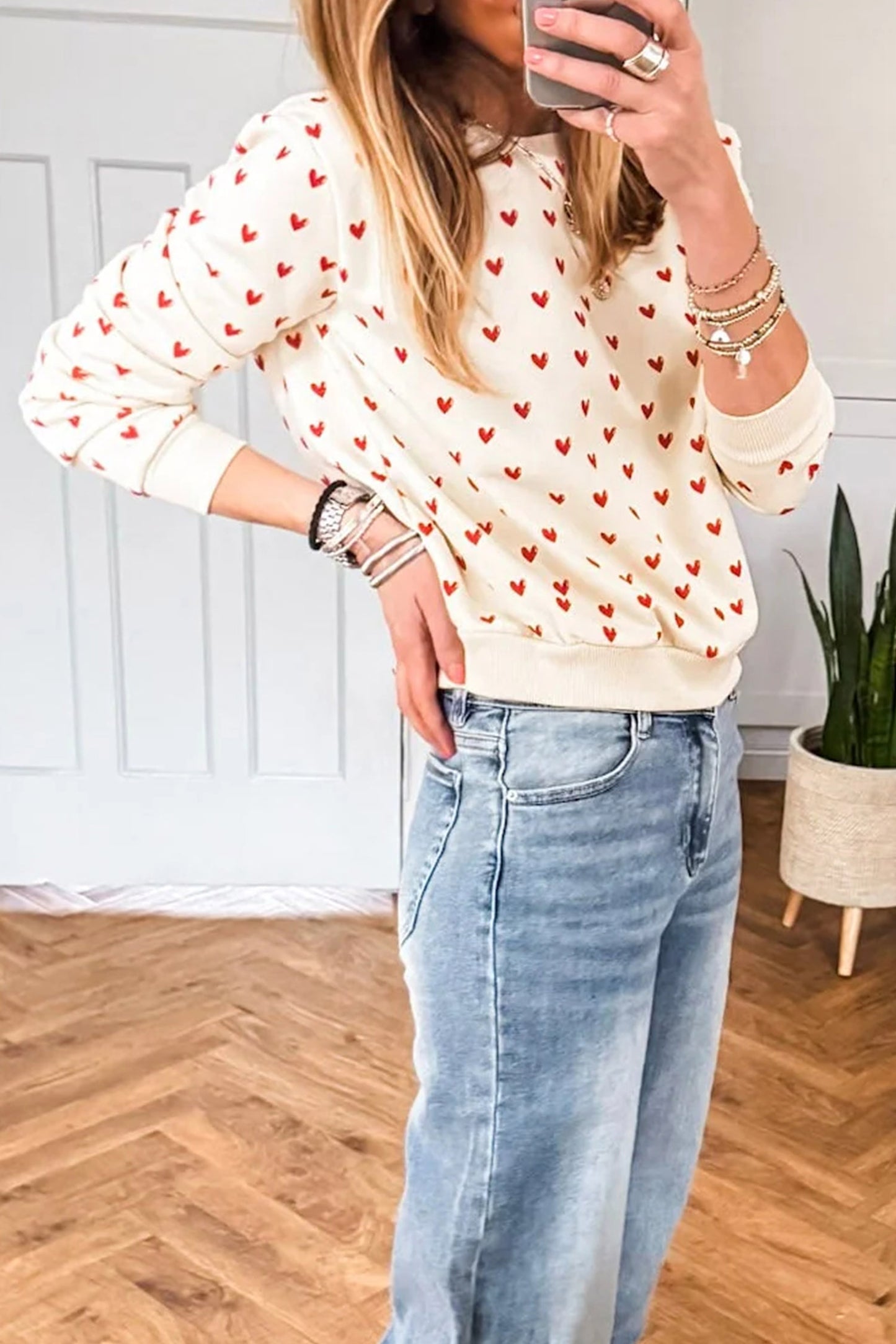 Beige Heart Print Ribbed Trim Casual Sweatshirt