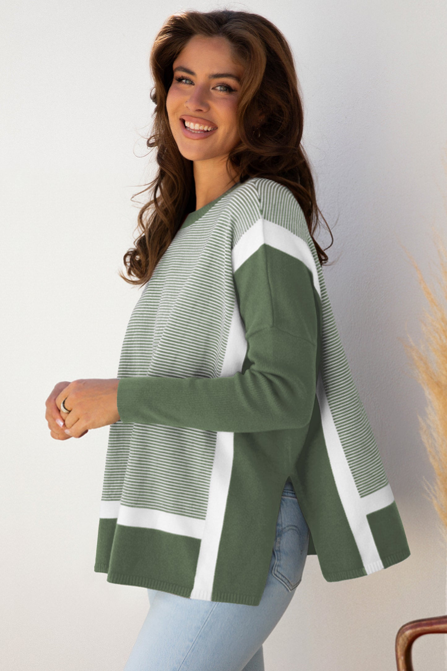 Green Stripe Color Block Patchwork Dolman Oversize Tunic Sweater