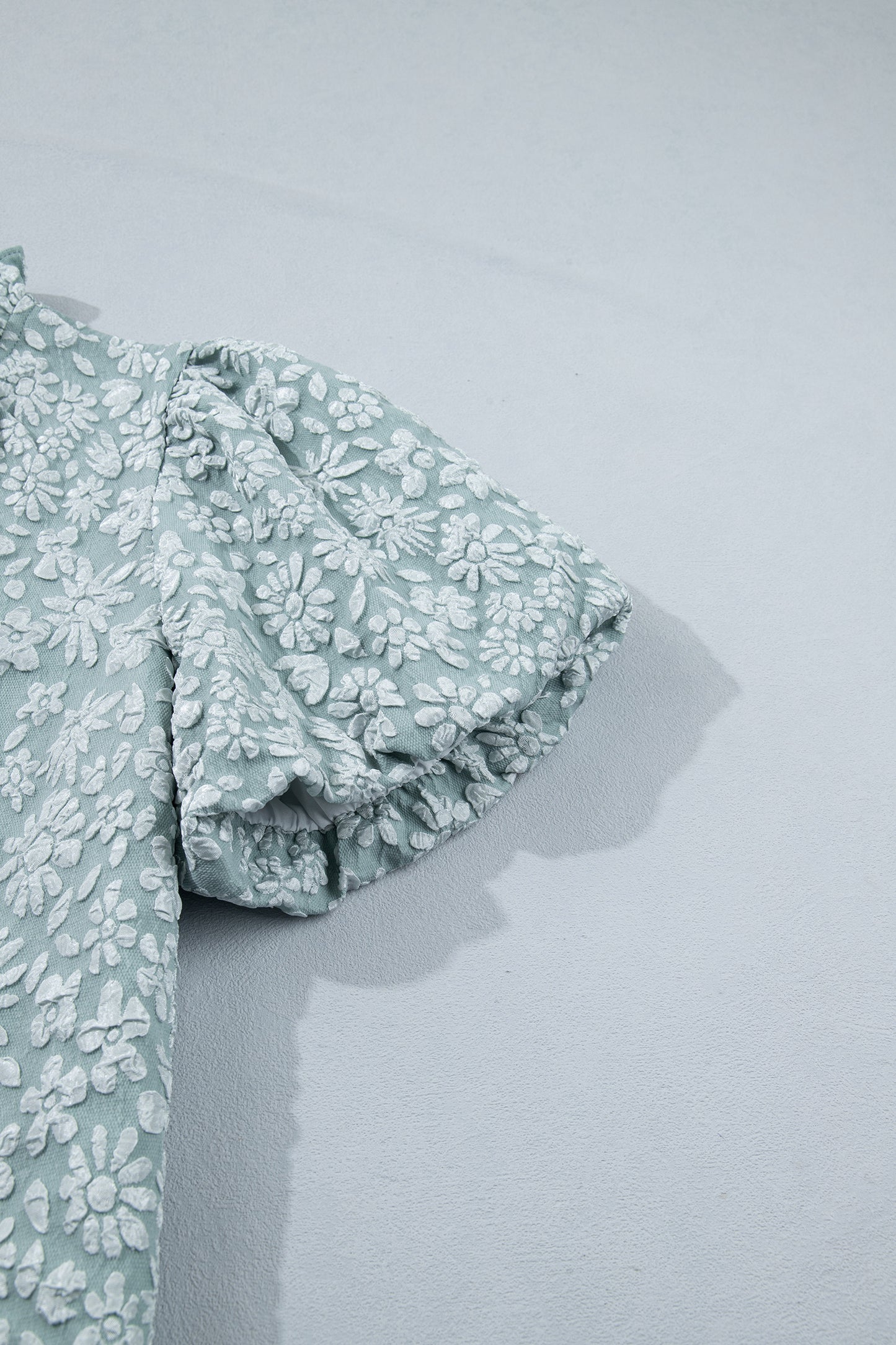 Beige Floral Textured Jacquard Puff Sleeve Blouse