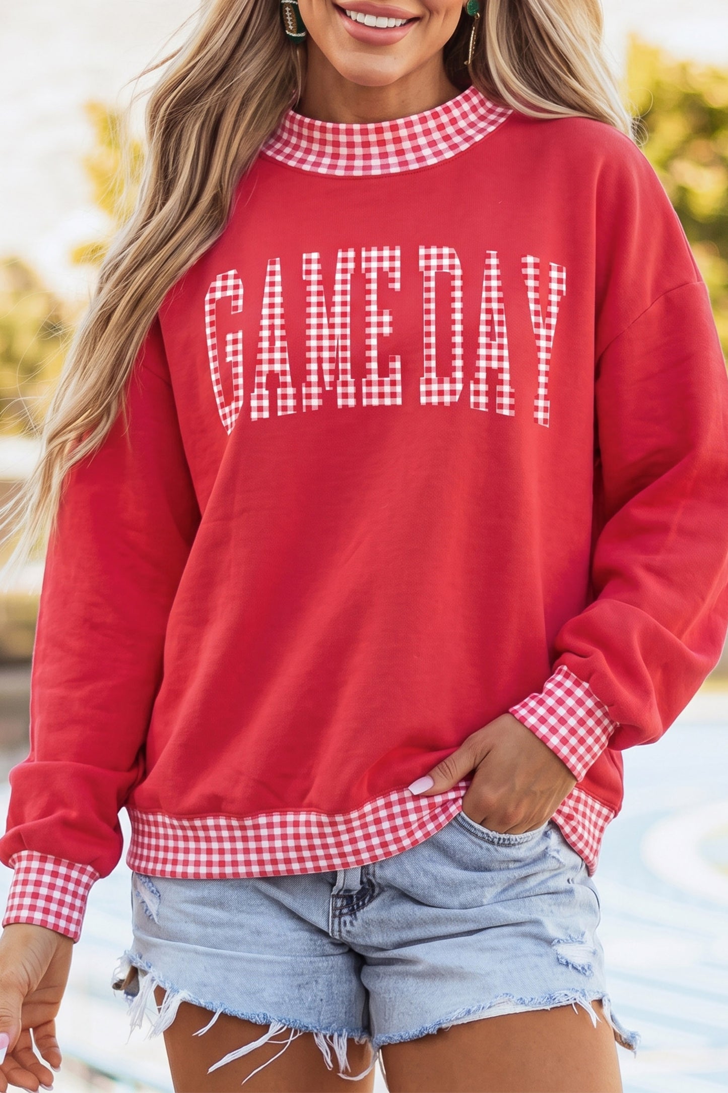 Fiery Red Gingham Plaid Letter Print Tunic Pullover Sweatshirt