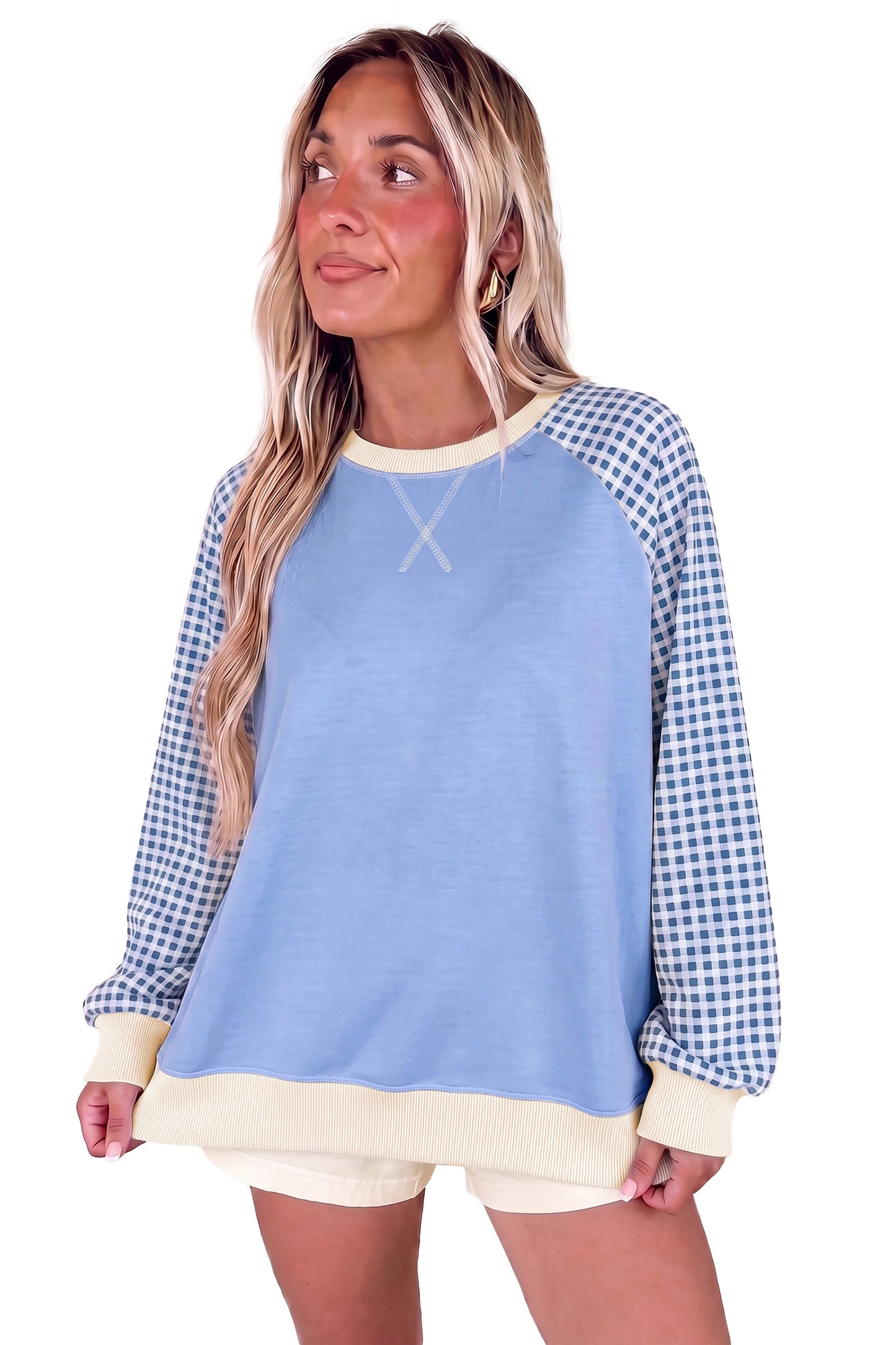Beige Plaid Sleeve Colorblock Raglan Pullover Sweatshirt