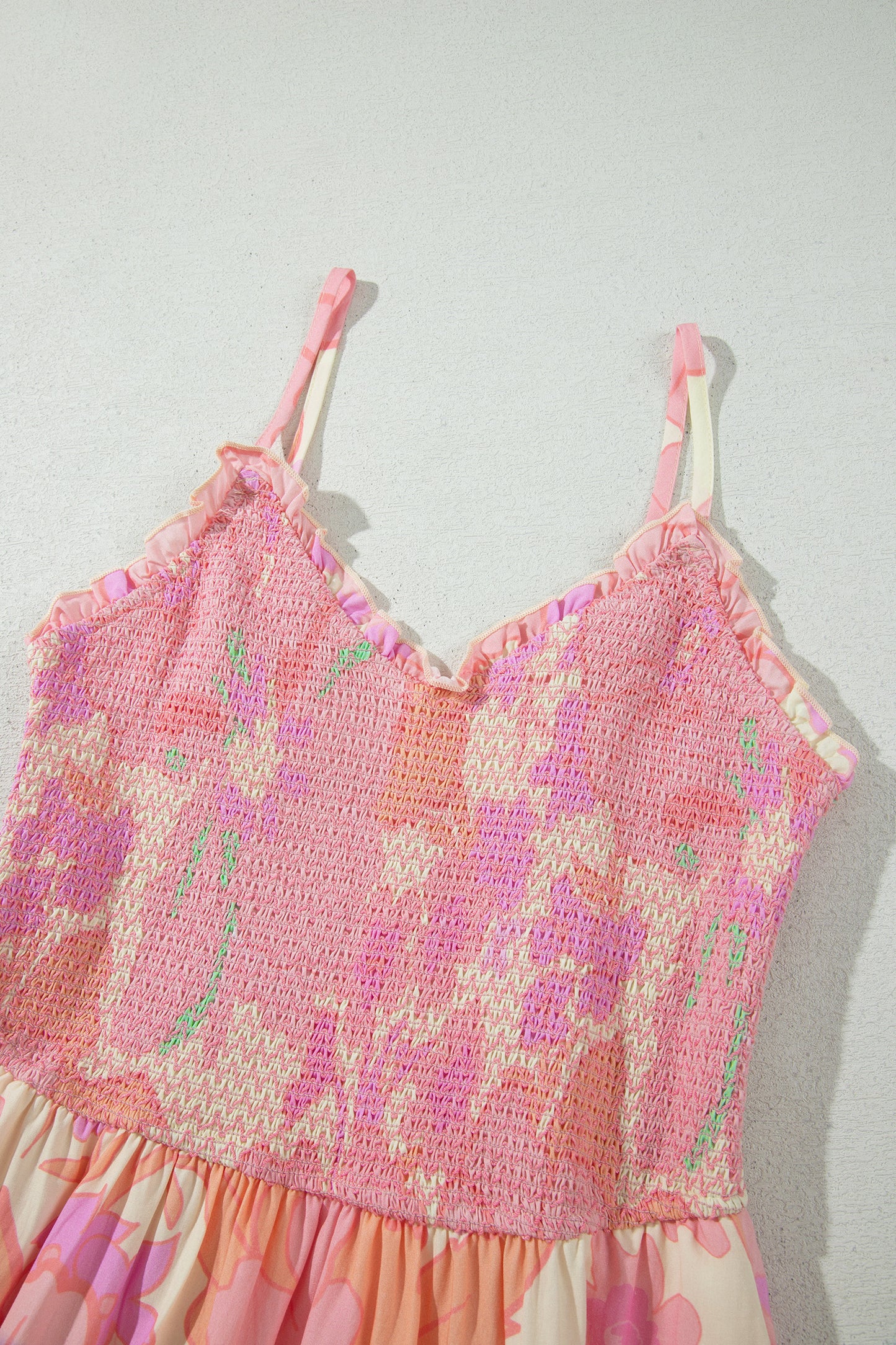 Pink Spaghetti Straps Floral Shirred High Waist Dress