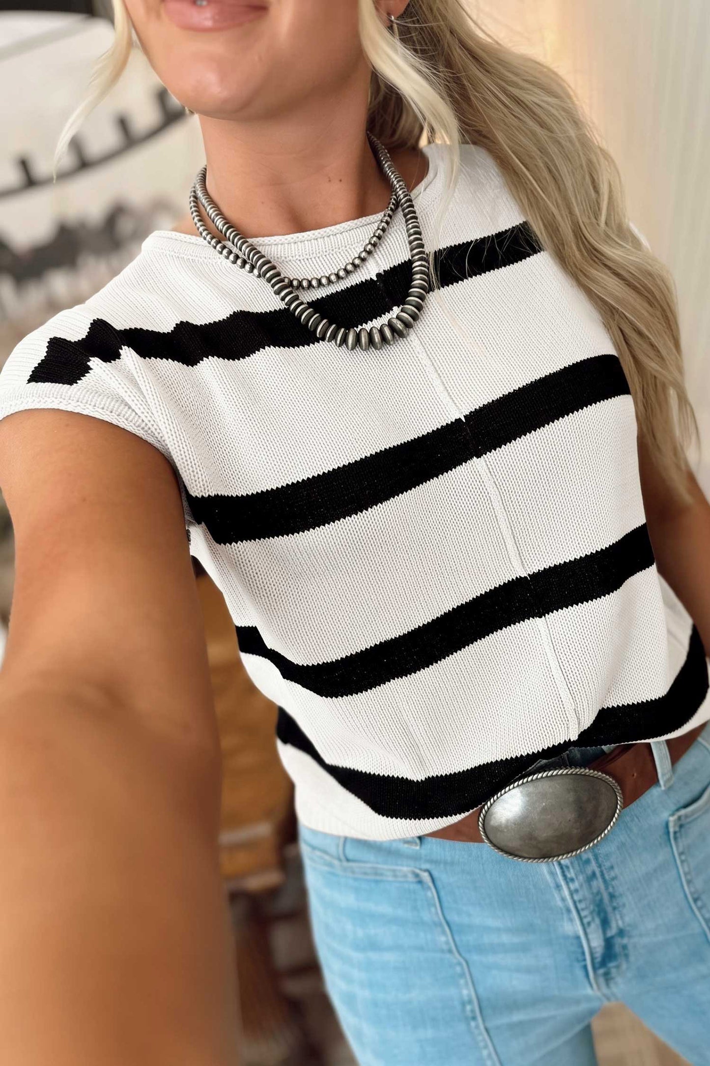 Brown Stripe Knit Western Short Sleeve Sweater