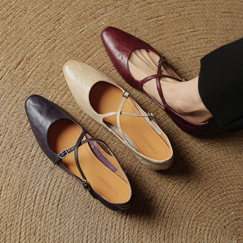 Amelier Women's Leather Ballet Flats Cross-Strap Almond Toe