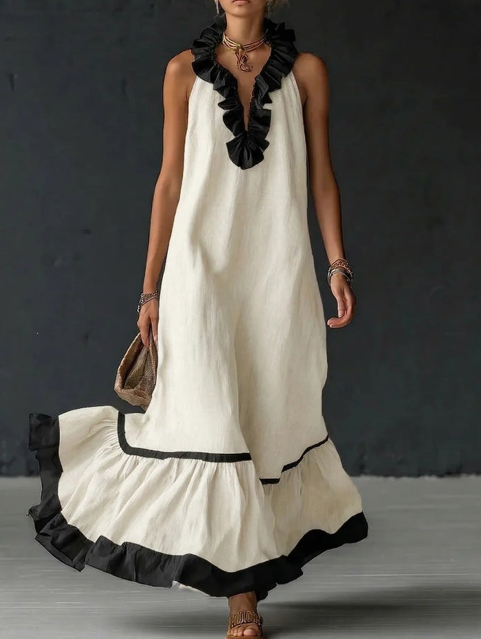 sleeveless V-neck loose ruffled long dress