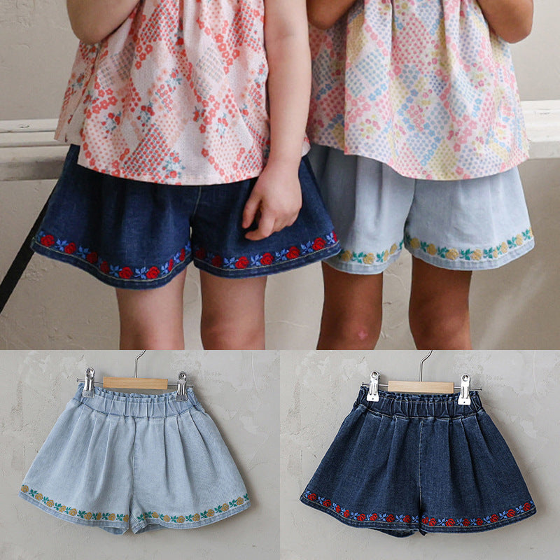Strawberry Children's Embroidered flower Loose wide-leg Denim shorts