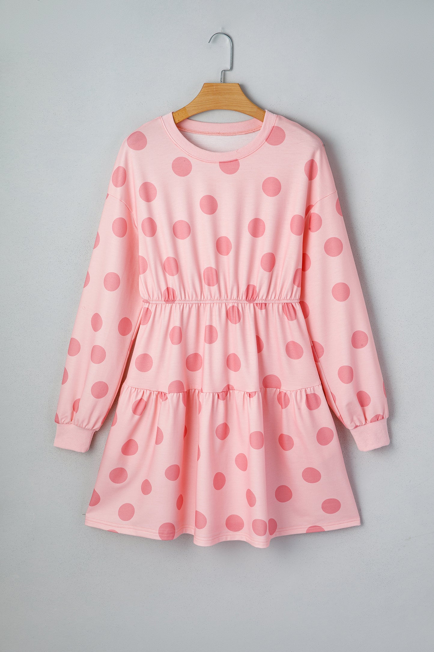 Pink Polka Dot Printed Long Sleeve Flared Mini Dress