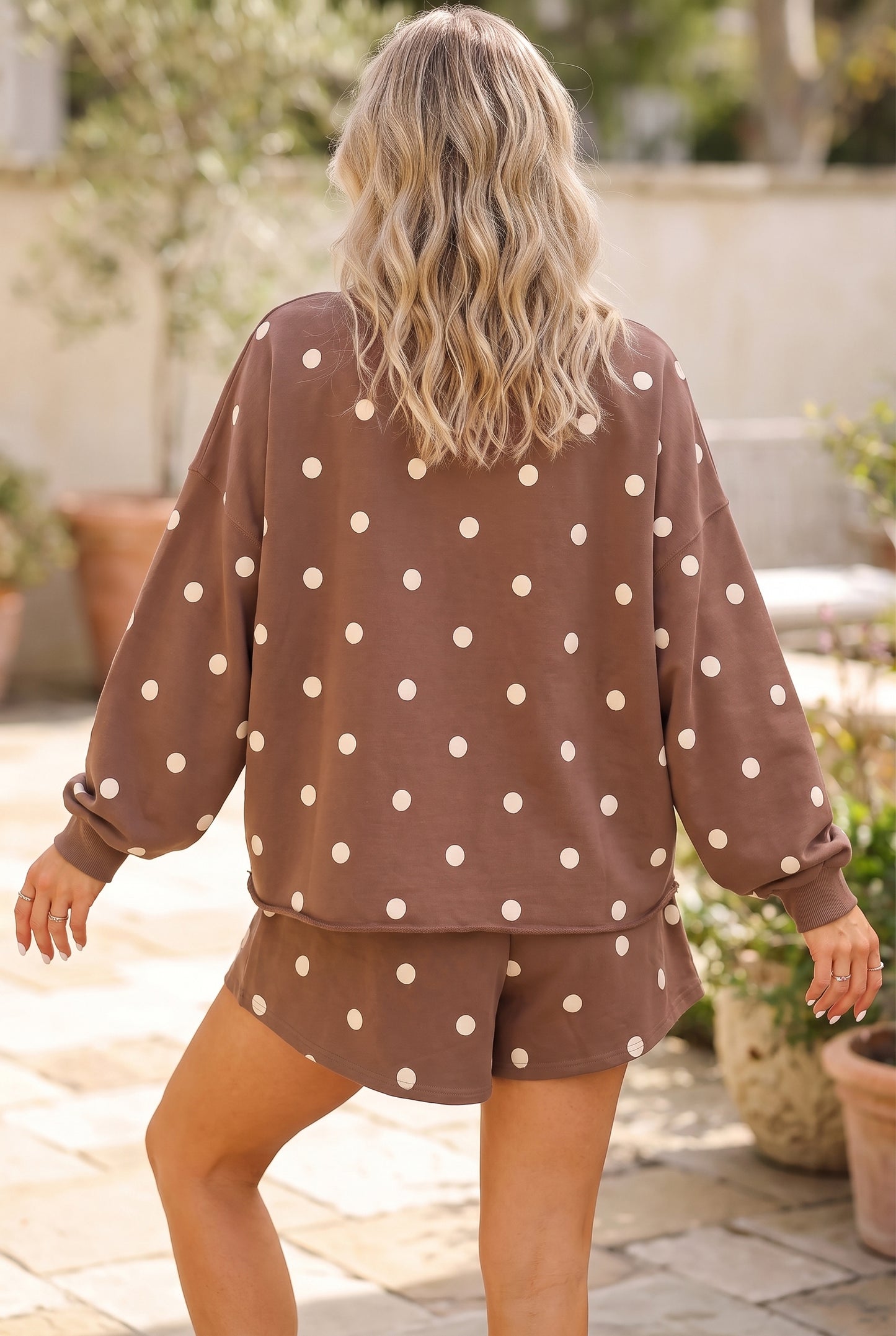 Brown Polka Dot Raw Hem Relaxed Pullover Loose Skort Two Piece Set