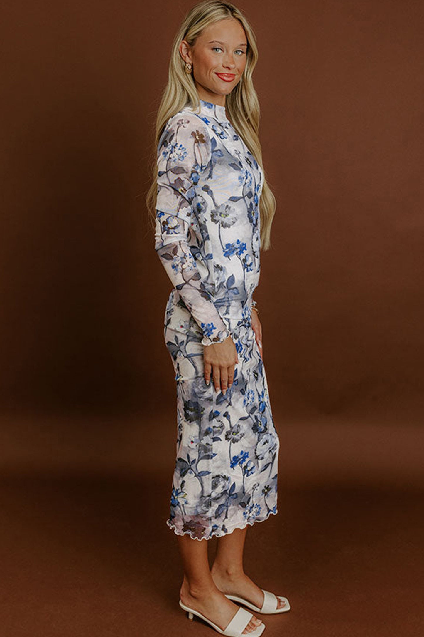 Sky Blue Floral Print Long Sleeve Sheath Dress Elegant Hem Serging Cuff Decoration Daily Wear