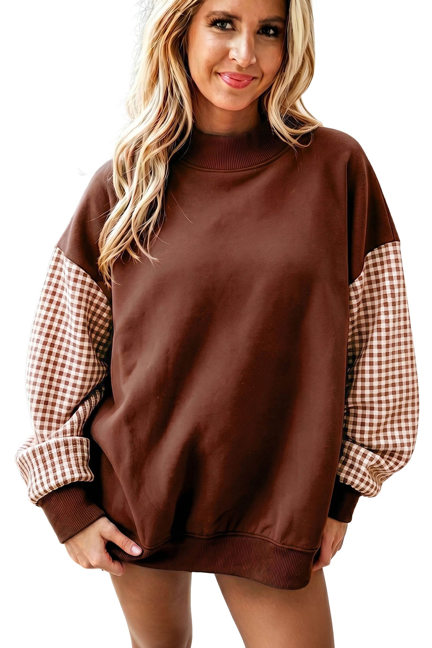 Pink Plaid Sleeve Colorblock Loose Tunic Sweatshirt