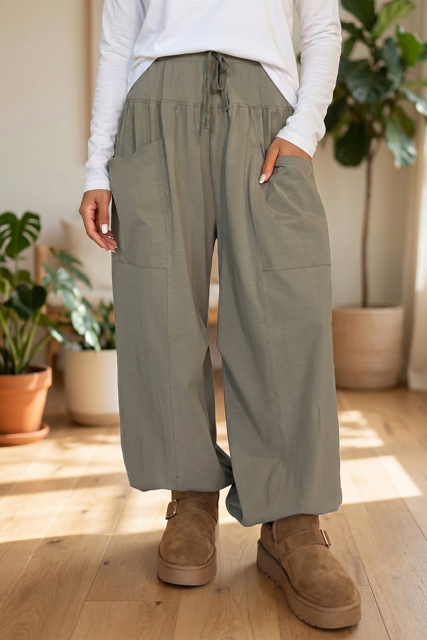 Dirty blue Elastic Waist Drawstring Wide Leg Full Length Pants
