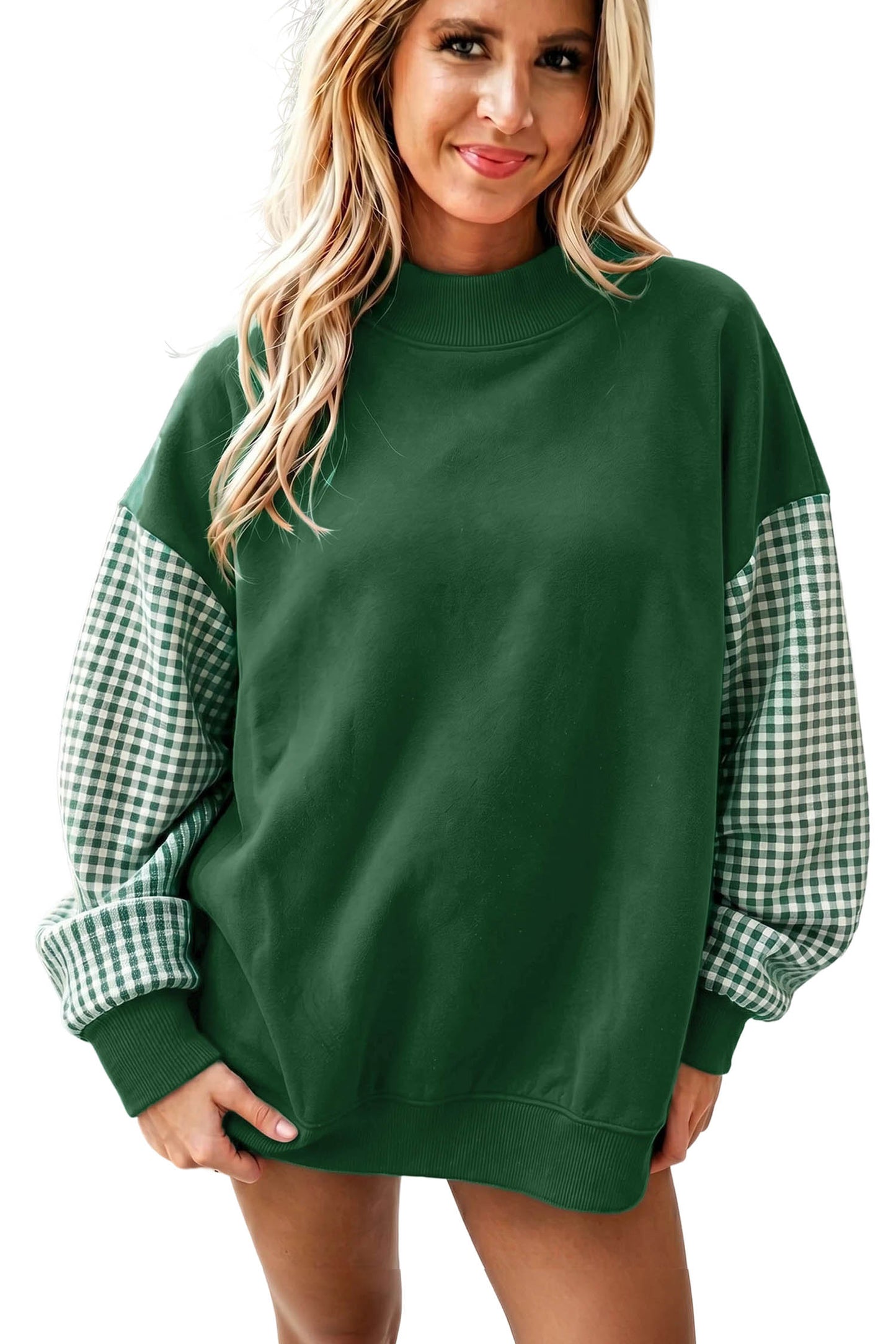 Pink Plaid Sleeve Colorblock Loose Tunic Sweatshirt