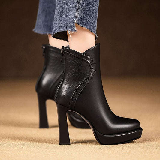 round-toed high-heeled ankle boots for women