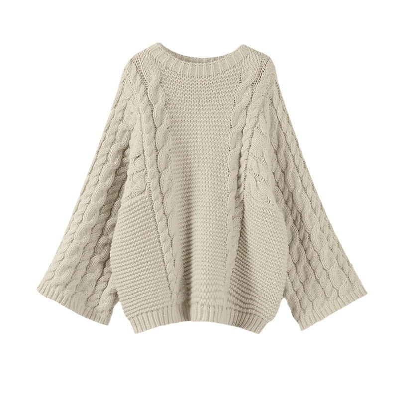 Round-neck flared sleeve cable knit sweater for women