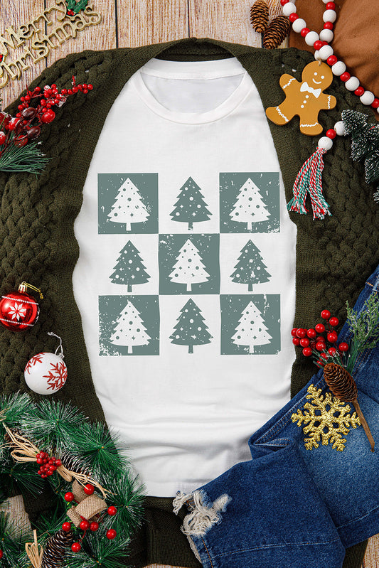 White Christmas Tree Checkered Distressed Graphic Tee