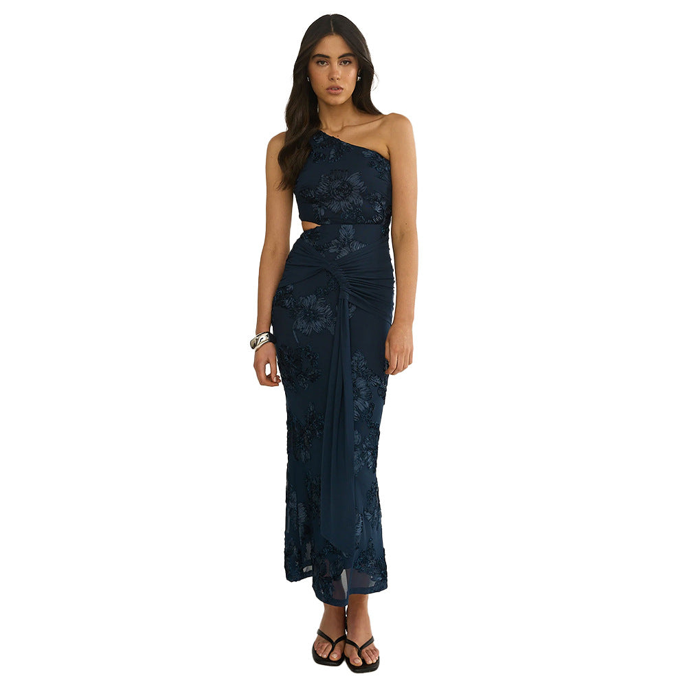 single-shoulder flower-embroidered dress with a pleated waistline