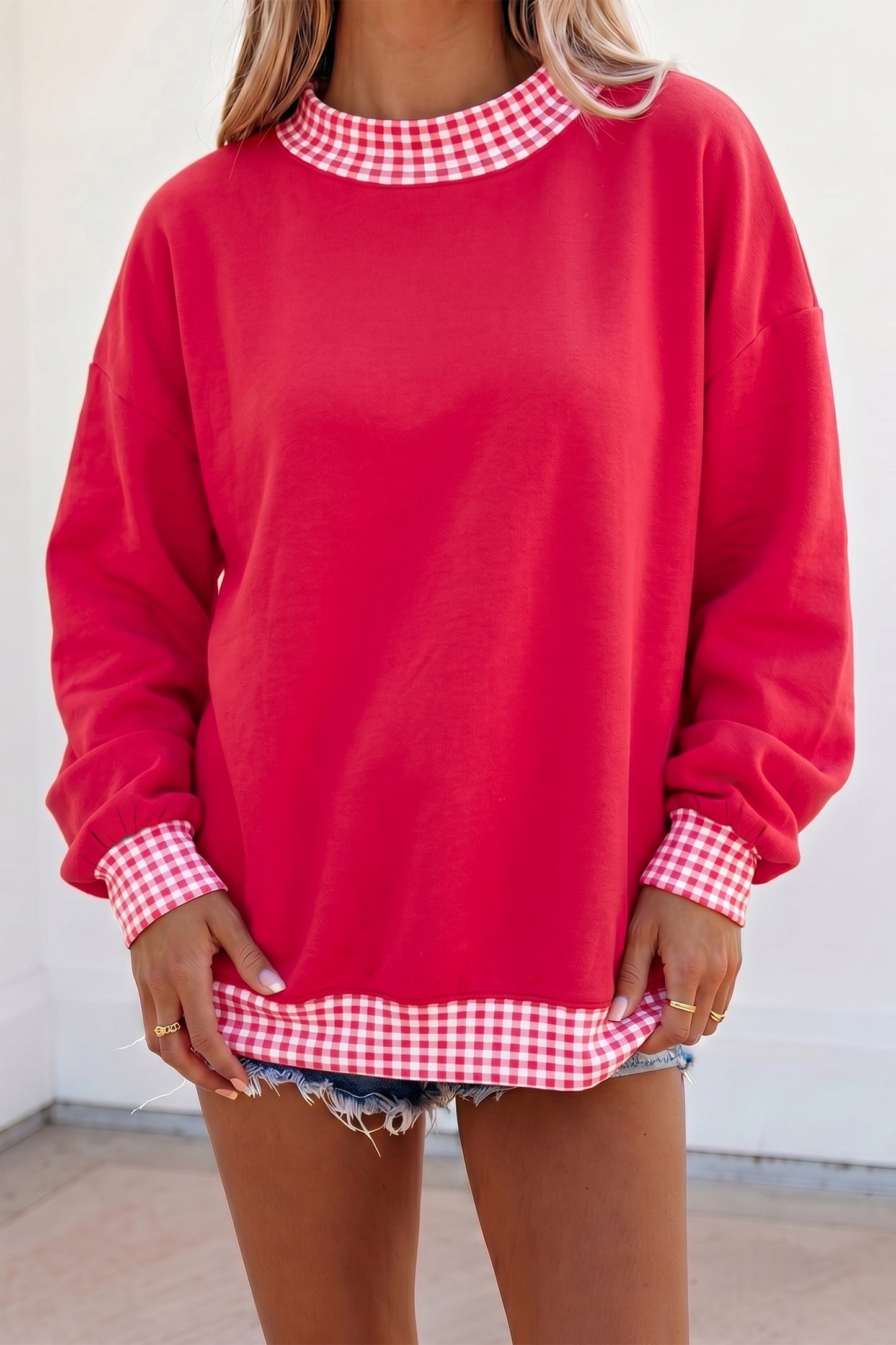 Pink Colorblock Polka Dot Contrast Trim Oversized Sweatshirt