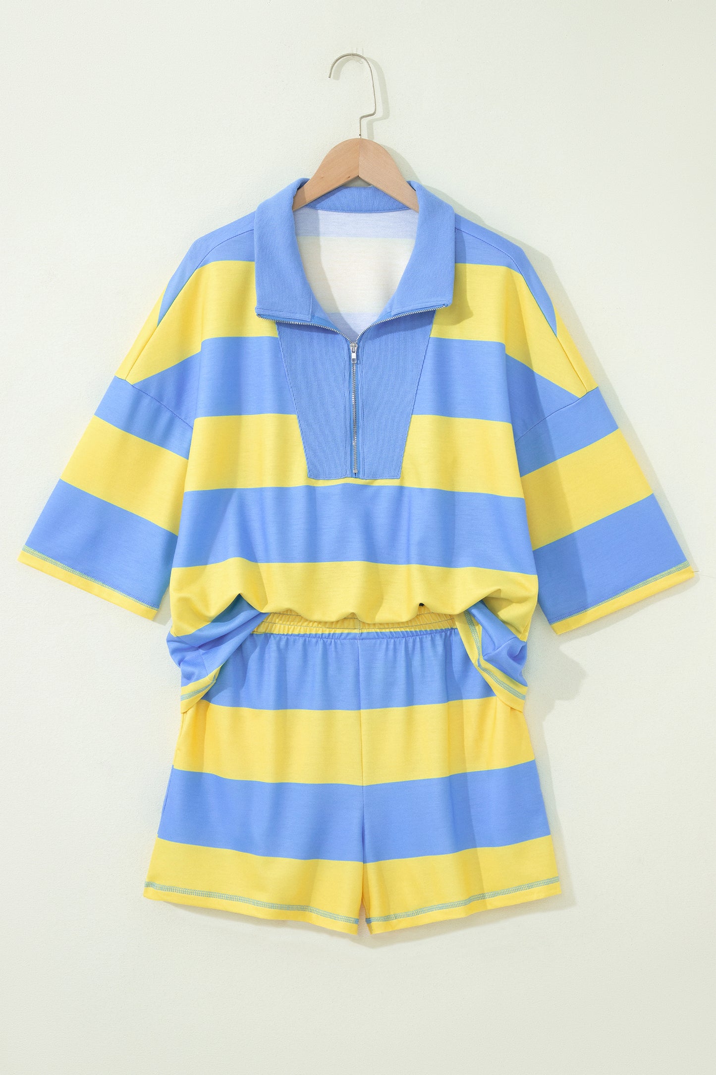 Pink Seam Detail Half Zip Tee Casual Shorts 2pcs Set