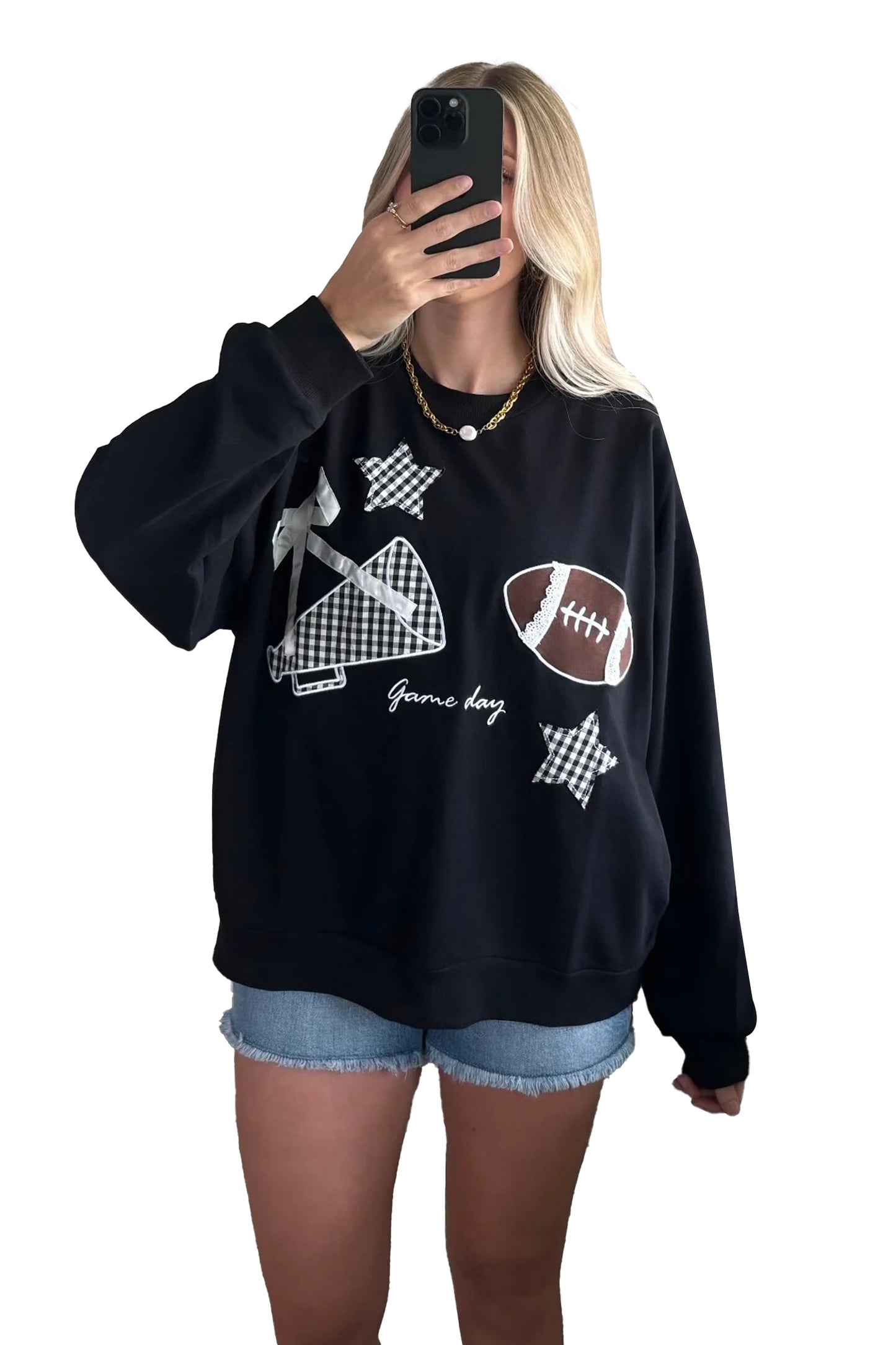 Black Gingham Patch Embroidered Rugby Game Day Stars Sweatshirt