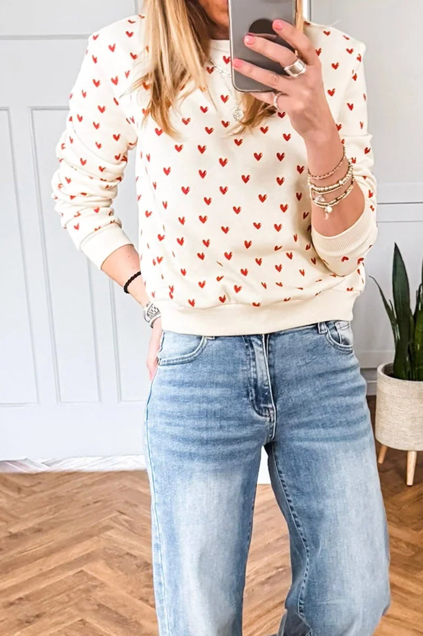 Beige Heart Print Ribbed Trim Casual Sweatshirt
