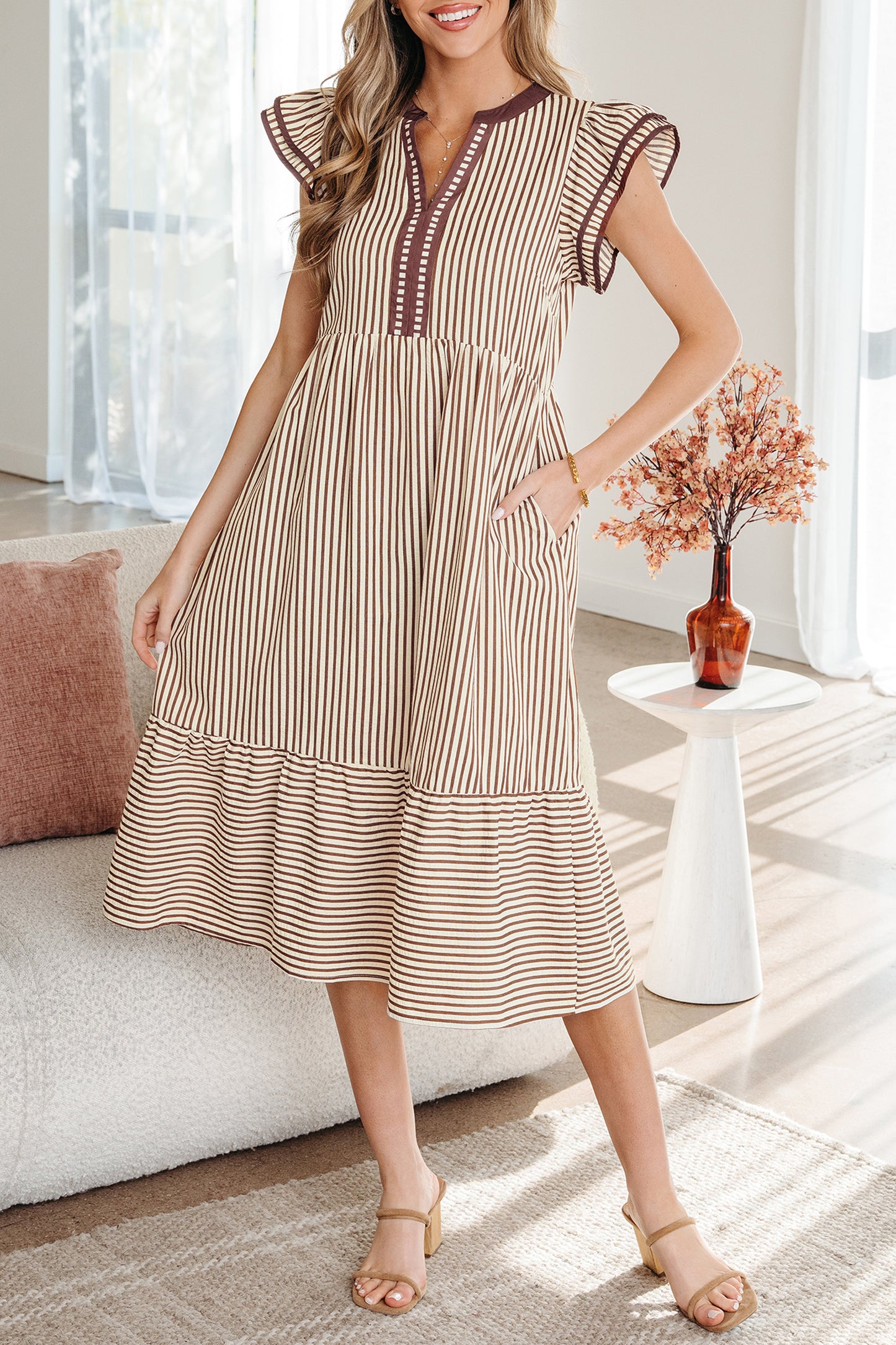 Black Stripe Double Ruffled Short Sleeve Contrast Trim V Neck Midi Dress