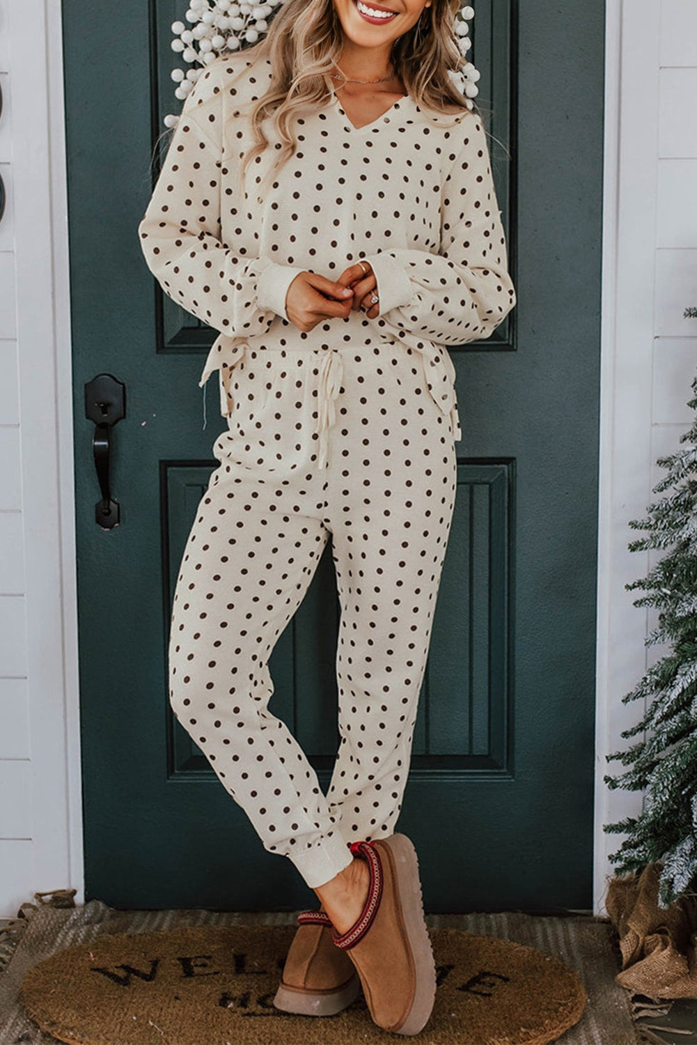 White Polka Dot Print Long Sleeve Top Drawstring Jogger Pants Lounge Set