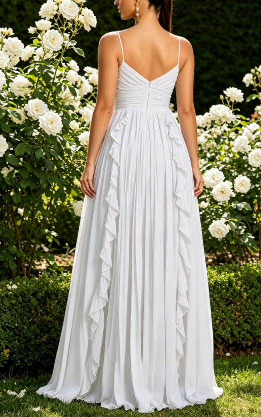 backless pleated chiffon long dress with ruffles