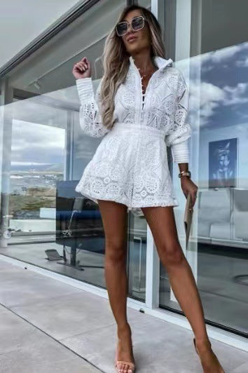 white lace top and short set