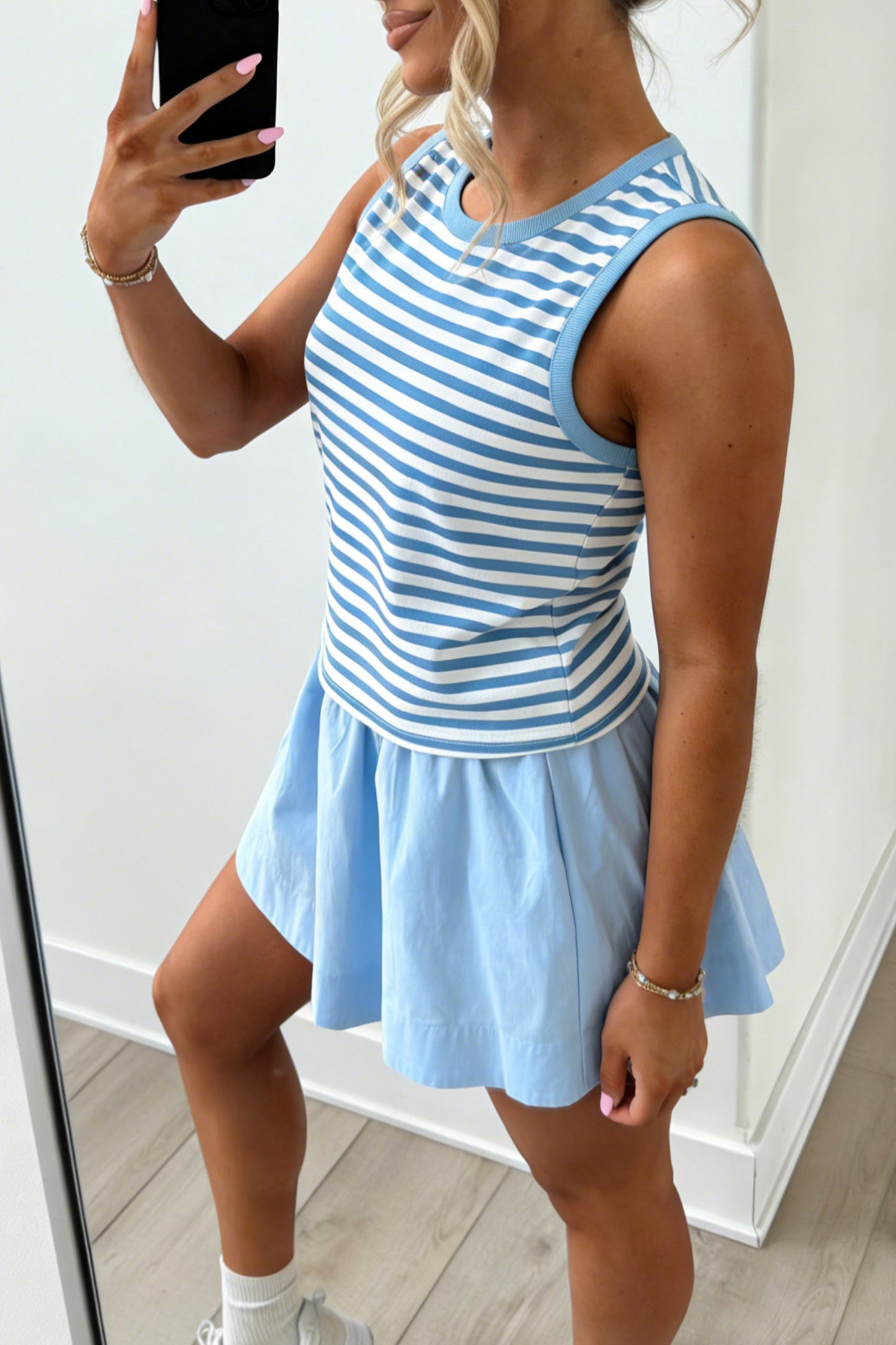 Sky Blue Stripe Slim Tank Contrast Ruffle Mini Skirt Set