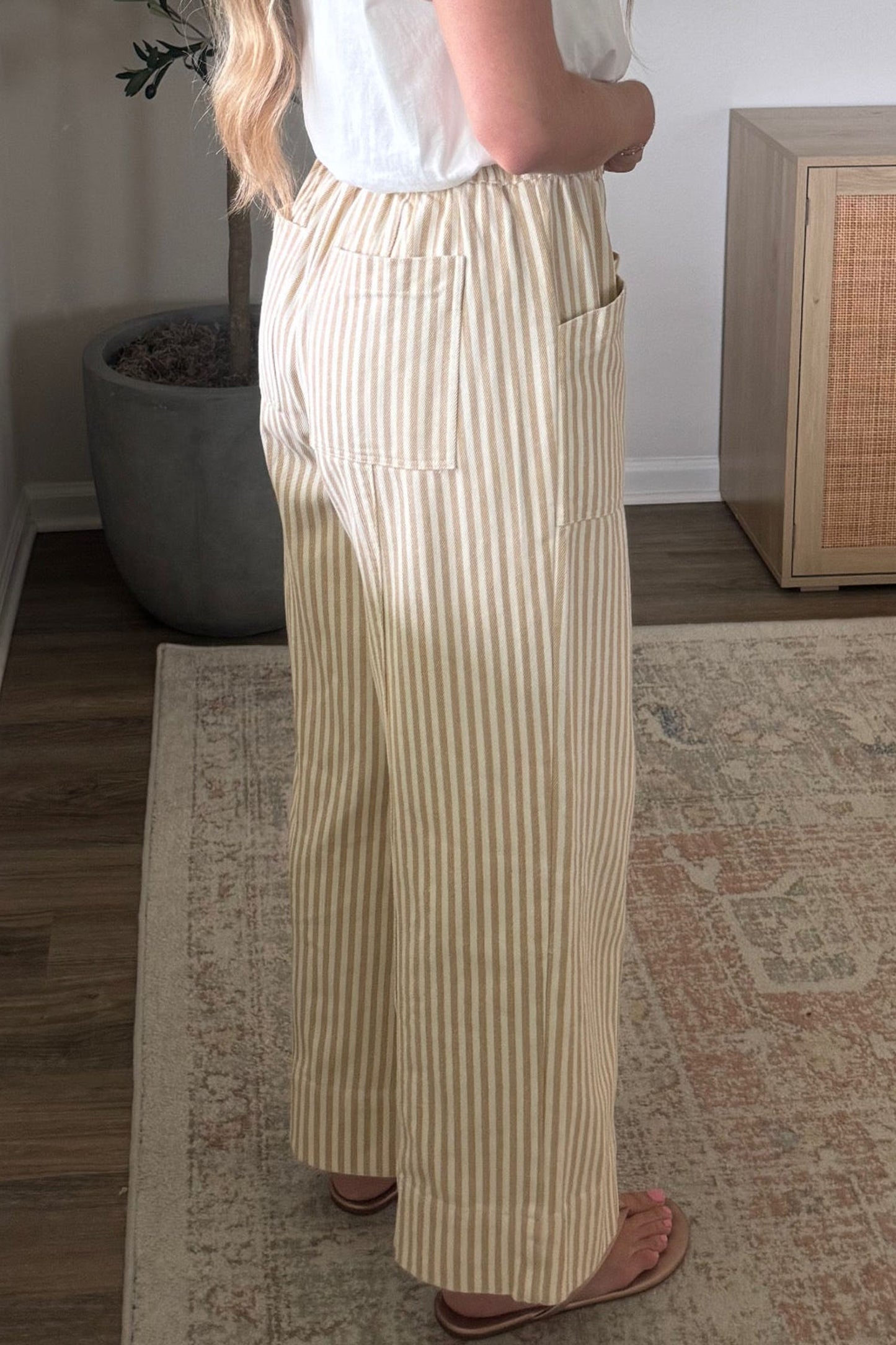 Apricot Stripe Ribbon Drawstring Waist Full-Length Shift Pant