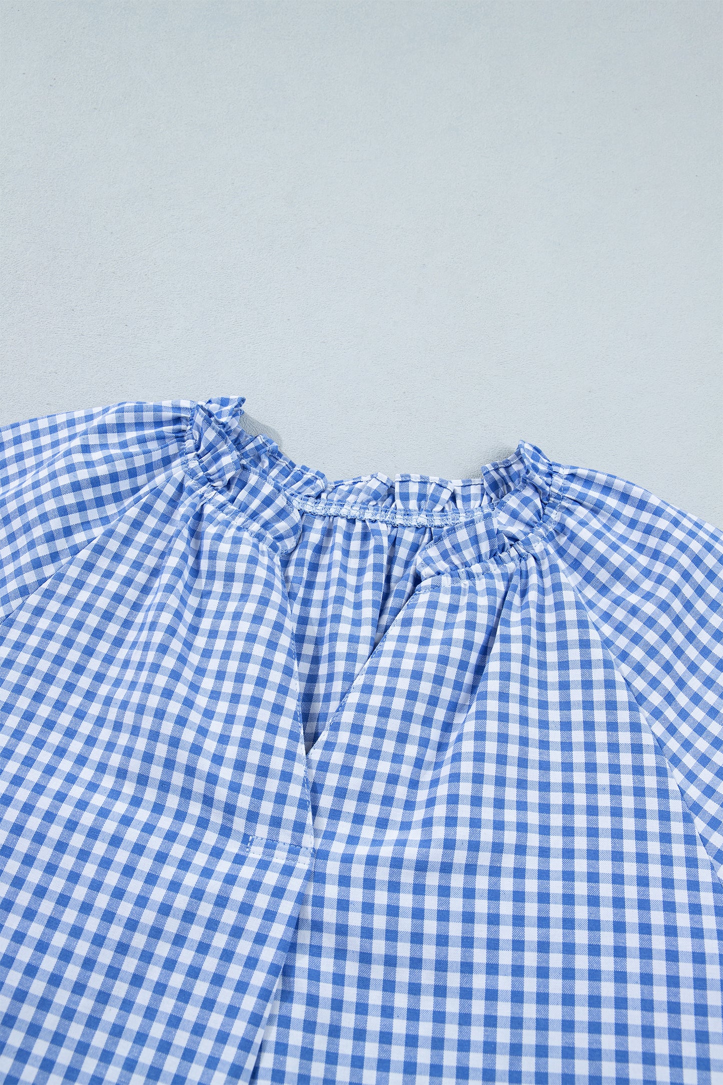Sky Blue Summer Plaid V Neck Puff Sleeve Blouse