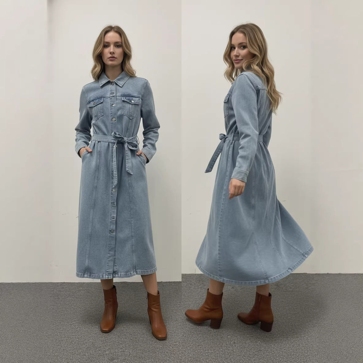Women's long-sleeved denim shirt dress
