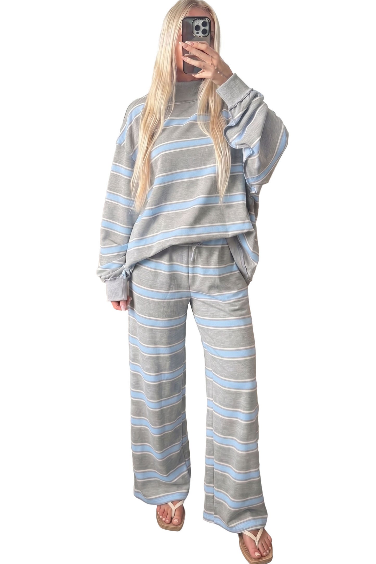 Sky Blue Stripe Mock Neck Long Sleeve Pullover Top and Loose Pants Set