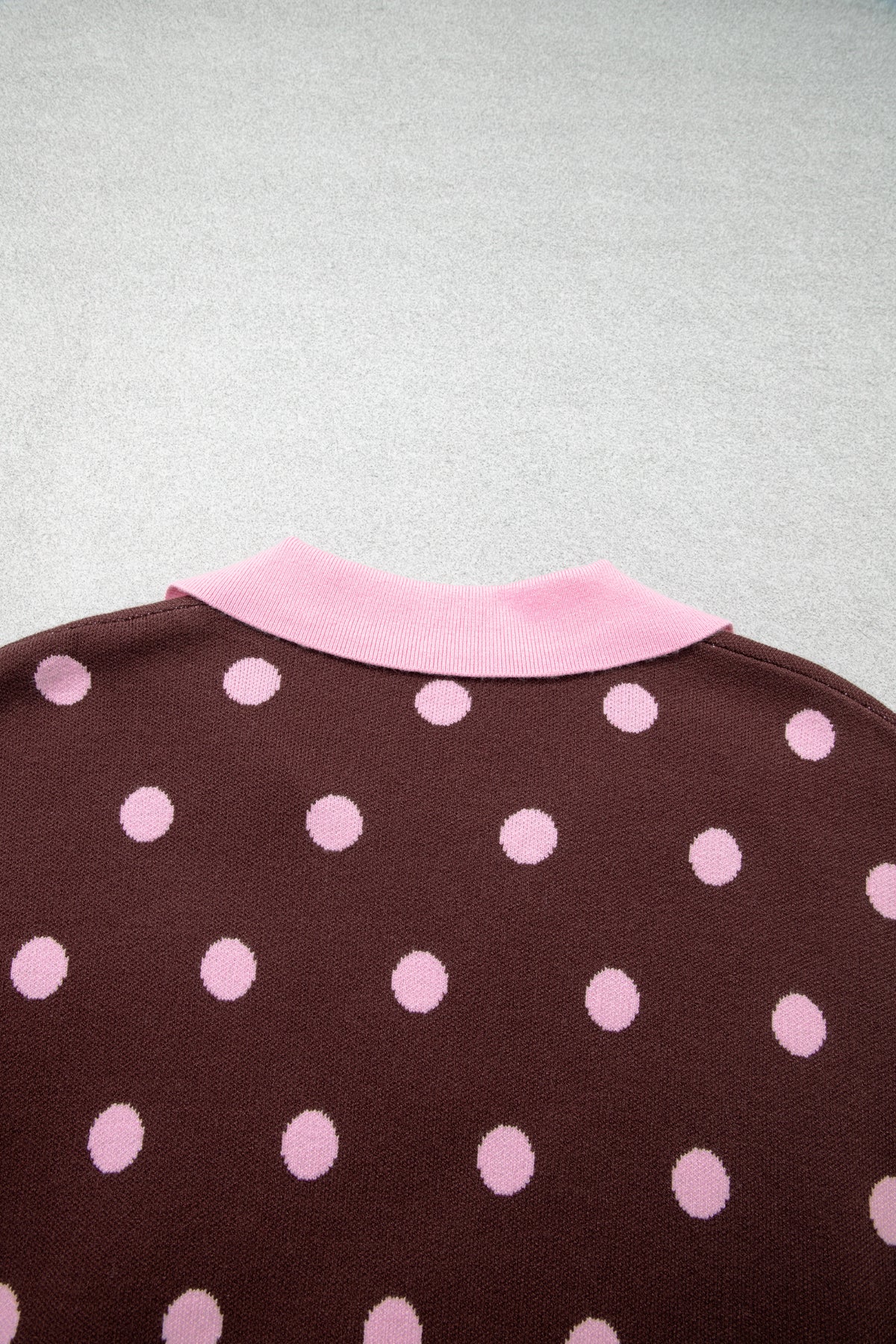 Pink Polka Dot Pattern Color Block Collared Loose Pullover Sweater
