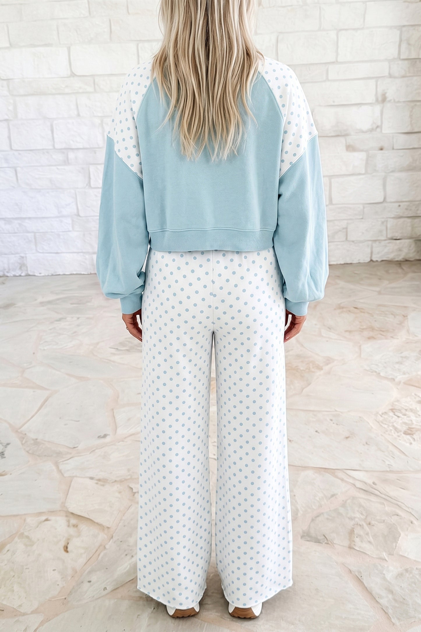 Green Polka Dot Patchwork Colorblock Long Sleeve Casual Two Piece Pants Set