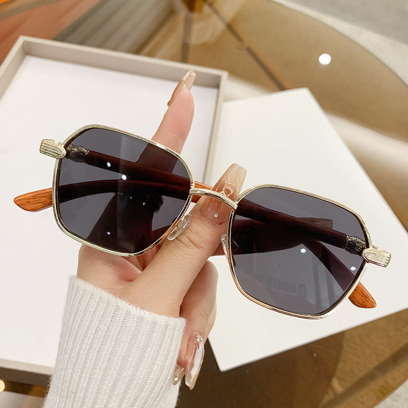 wood-grain side polygonal sunglasses