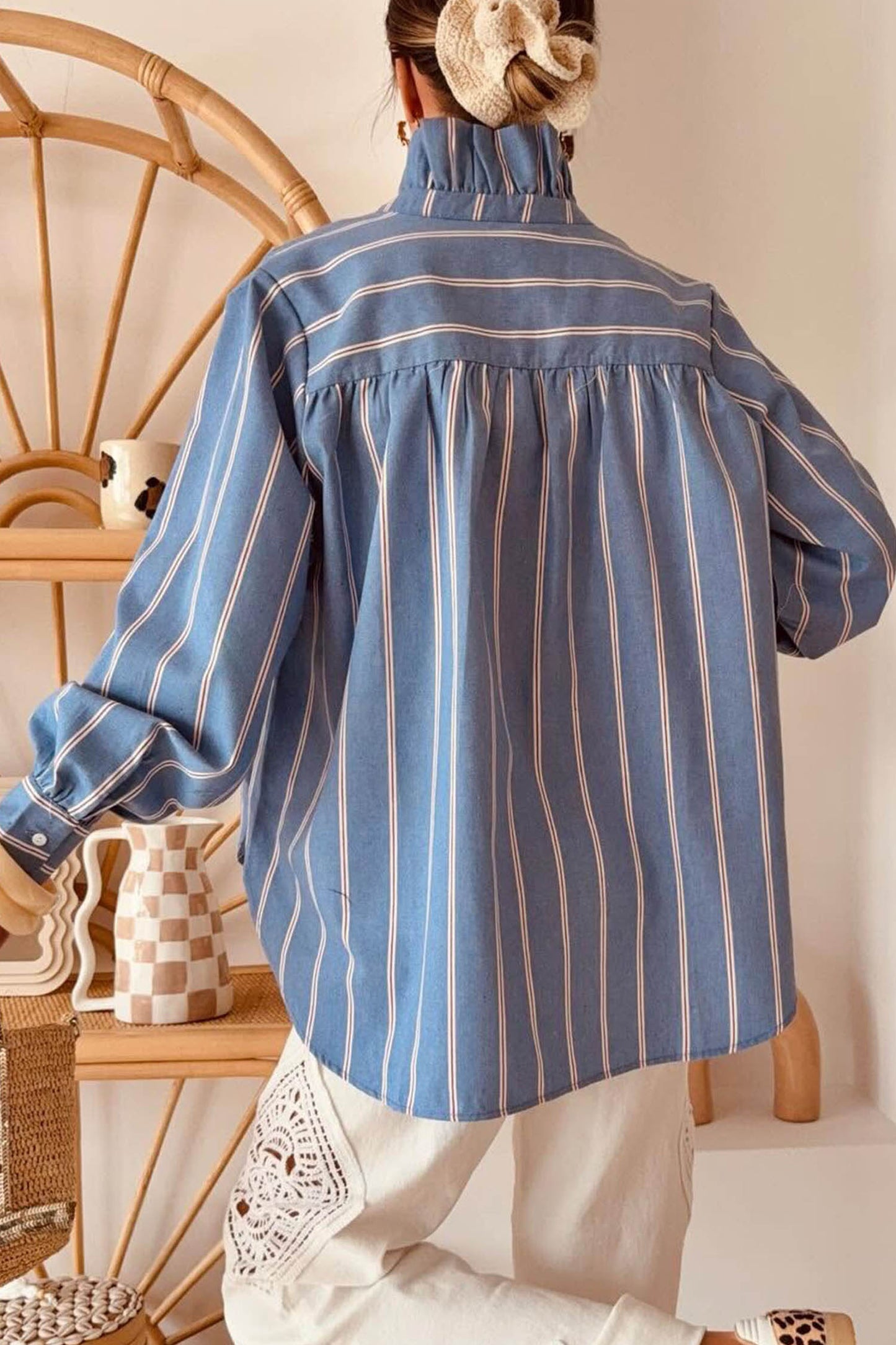 Sky Blue Stripe Ruffled Stand Neck Button Down Long Sleeve Chambray Shirt