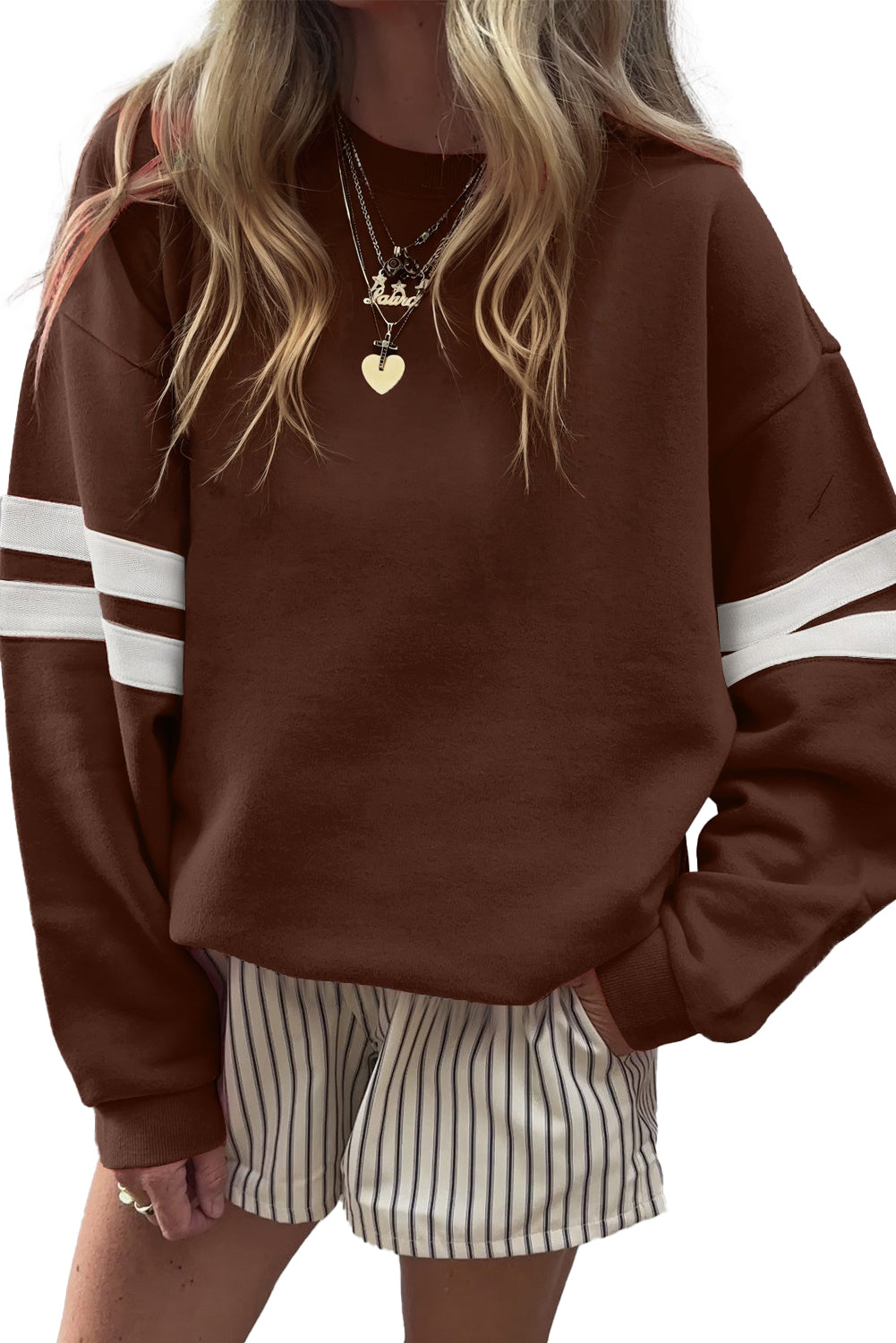 Navy Blue Preppy Striped Sleeve Loose Sweatshirt