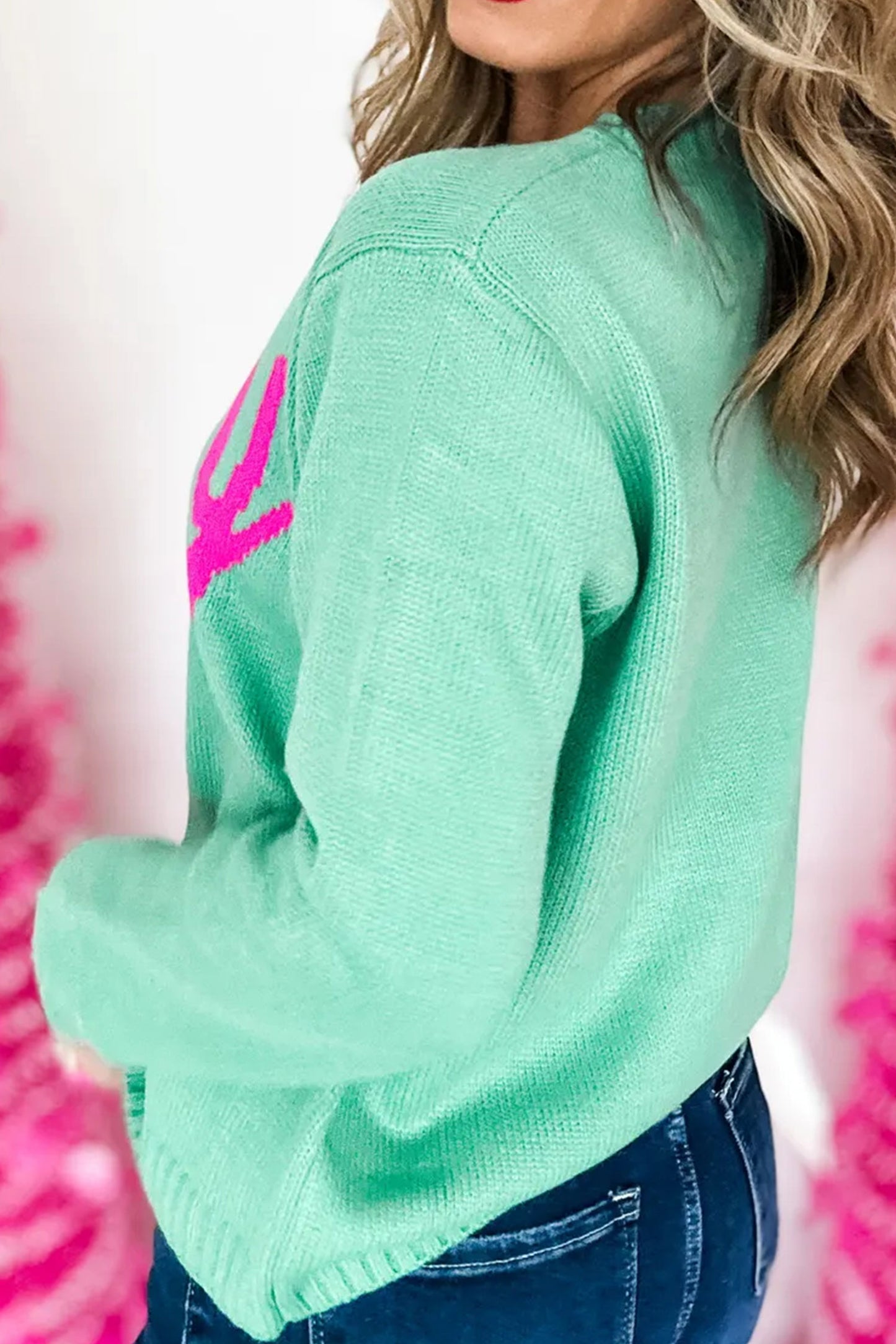 Bright Green Merry Print Ribbed Trim Round Neck Loose Fit Sweater