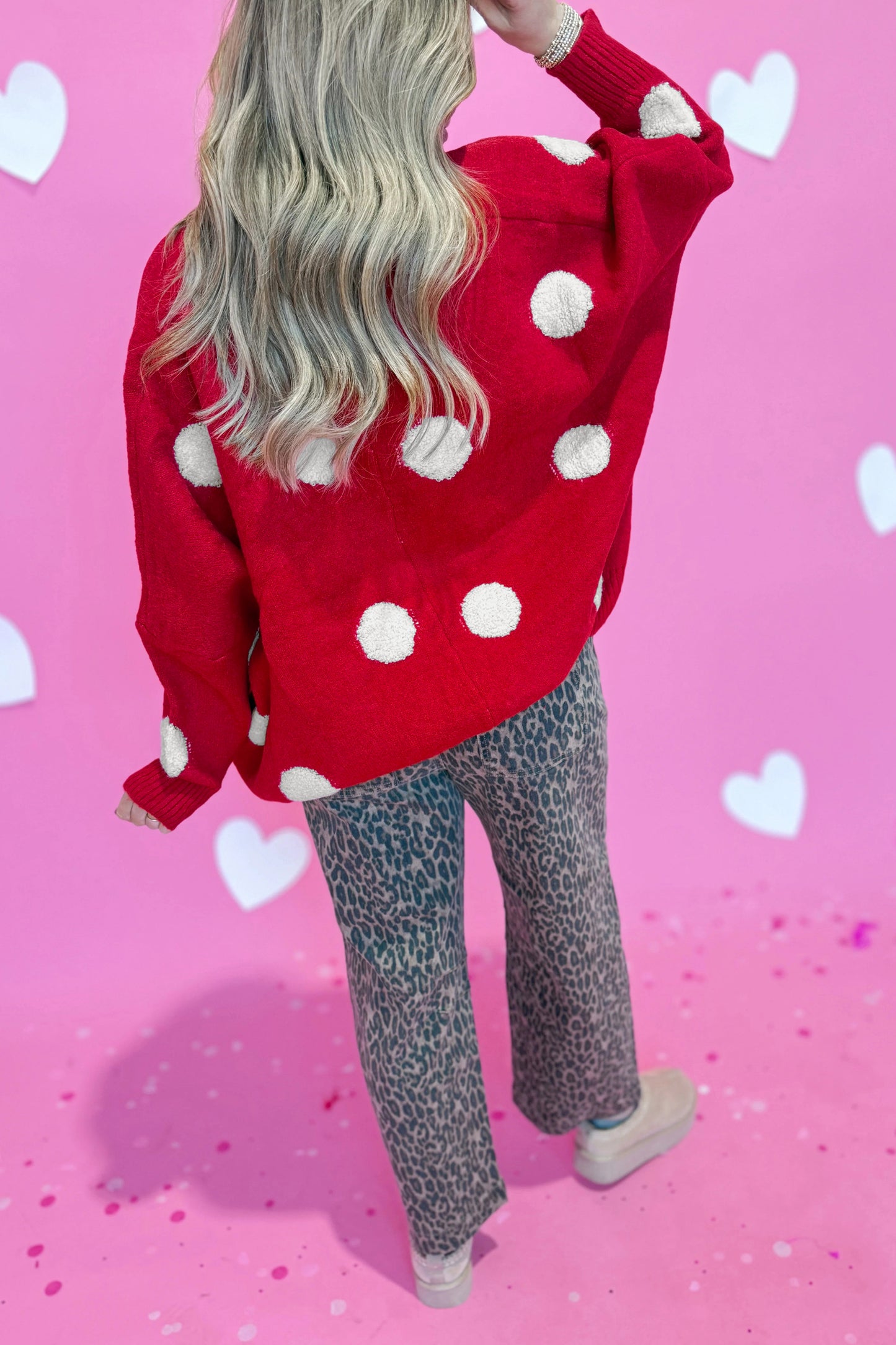 Beige Polka Dot Button Front Oversized V Neck Cardigan