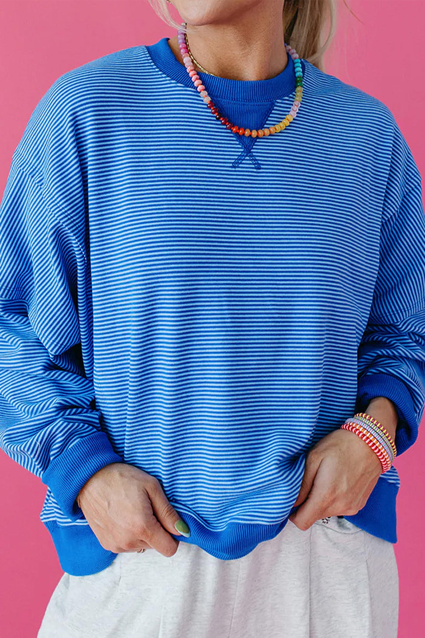 Blue Stripe Ribbed Cuffs Hem Long Sleeve Pullover Top