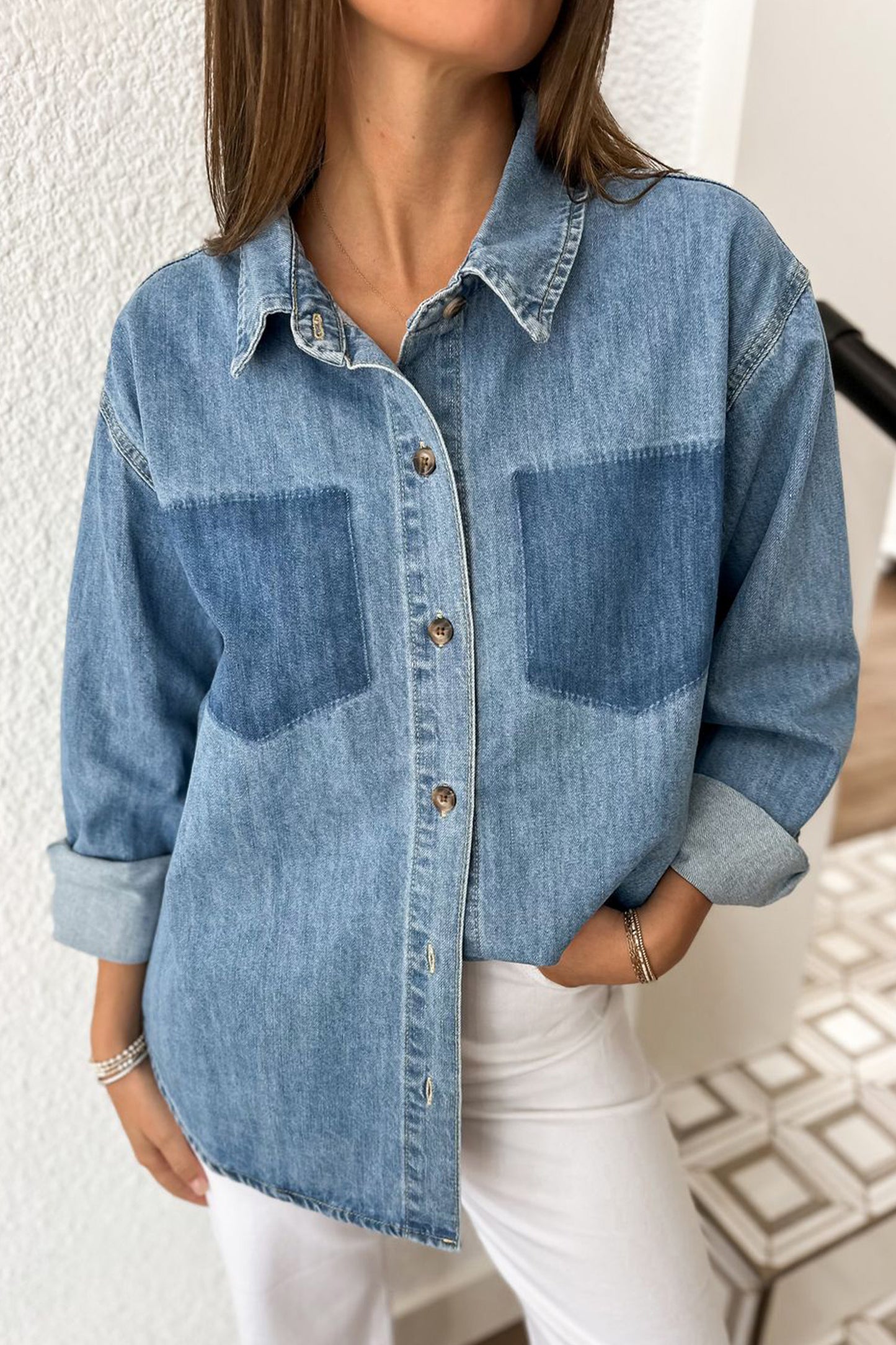 Sky Blue Oversized Denim Shirt Enzyme Washed Pocket Detail Long Sleeve Tunic Top
