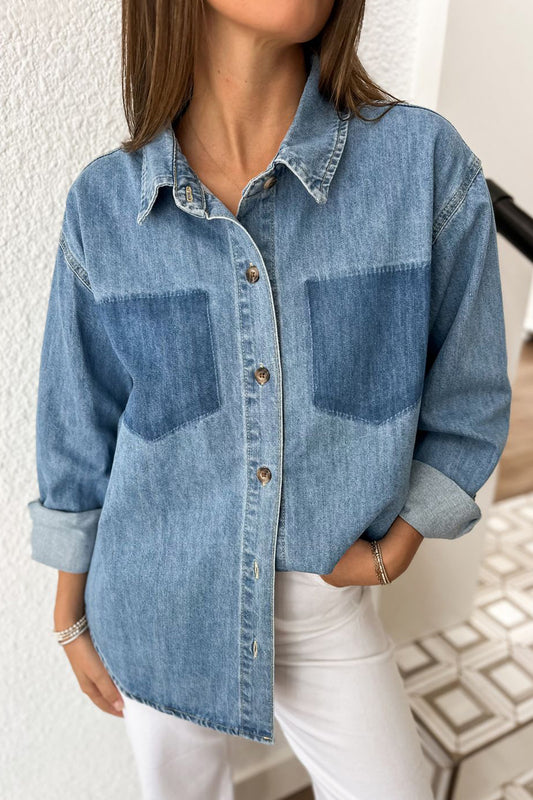 Sky Blue Oversized Denim Shirt Enzyme Washed Pocket Detail Long Sleeve Tunic Top