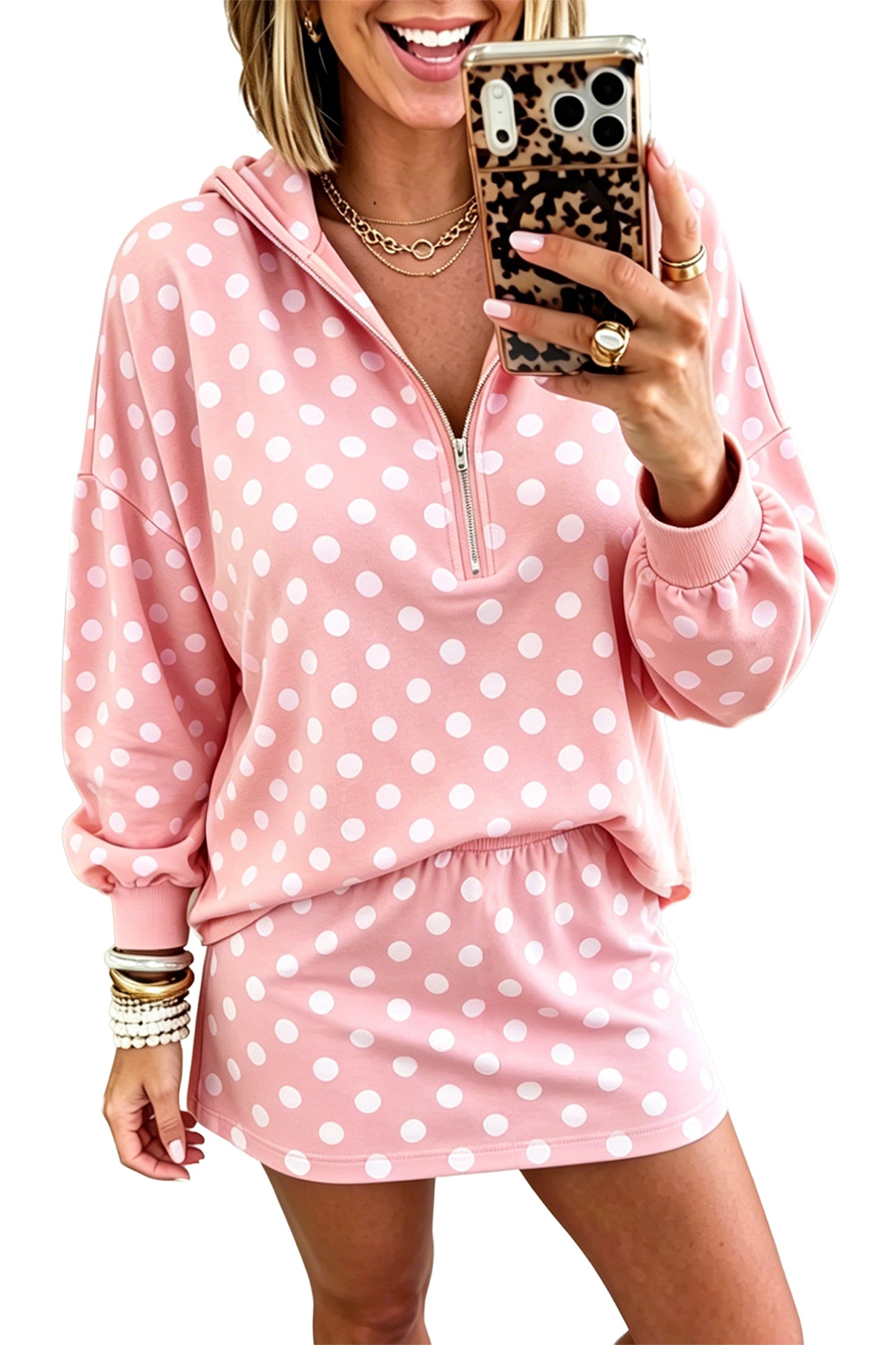 Orange Polka Dot Hooded Long Sleeve Top Casual Mini Skort Set