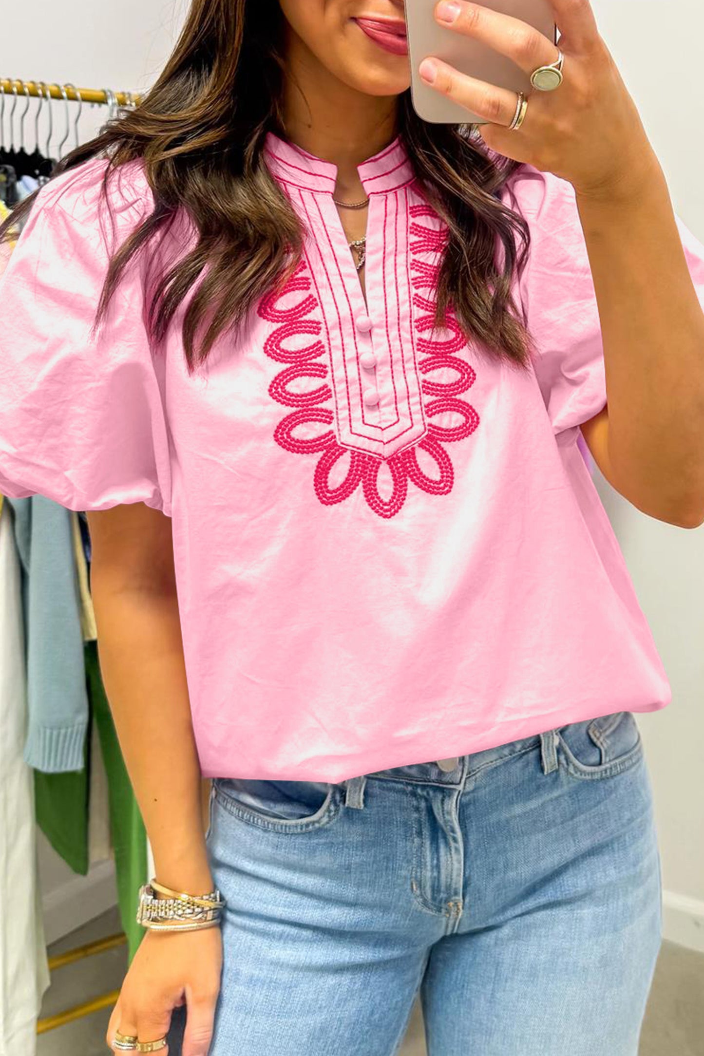 Pink Embroidered Puff Sleeve Top