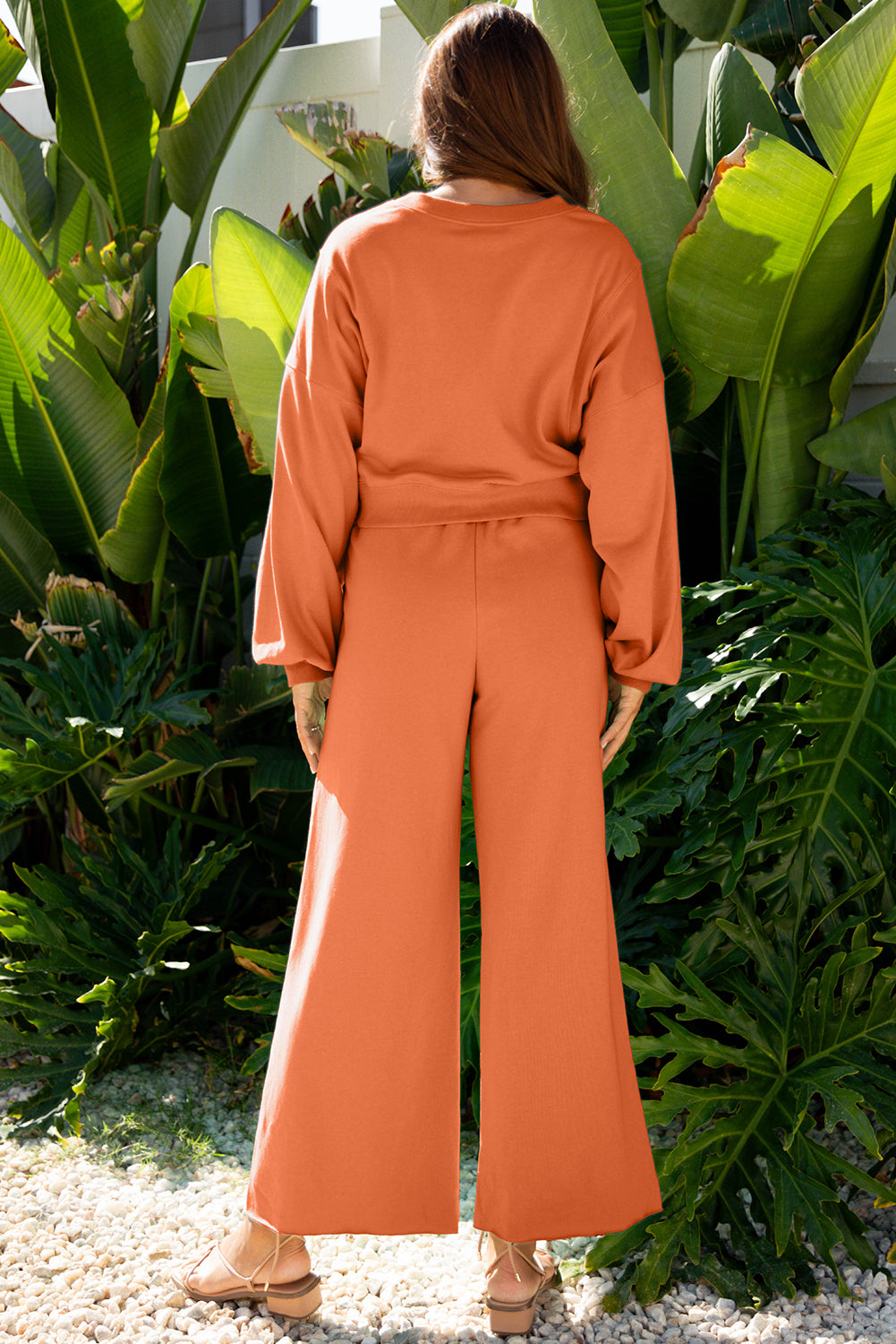 Bright Green Drop Shoulder Puff Sleeve Crop Pullover Drawstring Wide Leg Pants Set