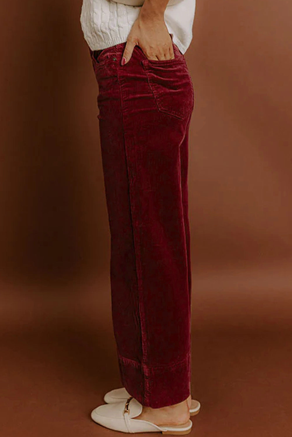 Burgundy Corduroy Solid Color High Waist Wide Leg Pants